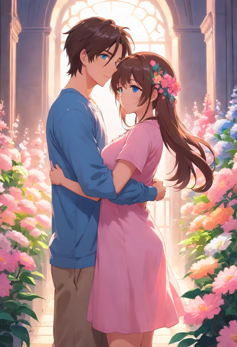 beautiful student with huge breasts, brown long hair, blue eyes, with romantic style clothes (pink t-shirt with beautiful flowers), looks sexy, (Stands hugging her boyfriend) (full length picture) guy holding a beautiful flower in his hands