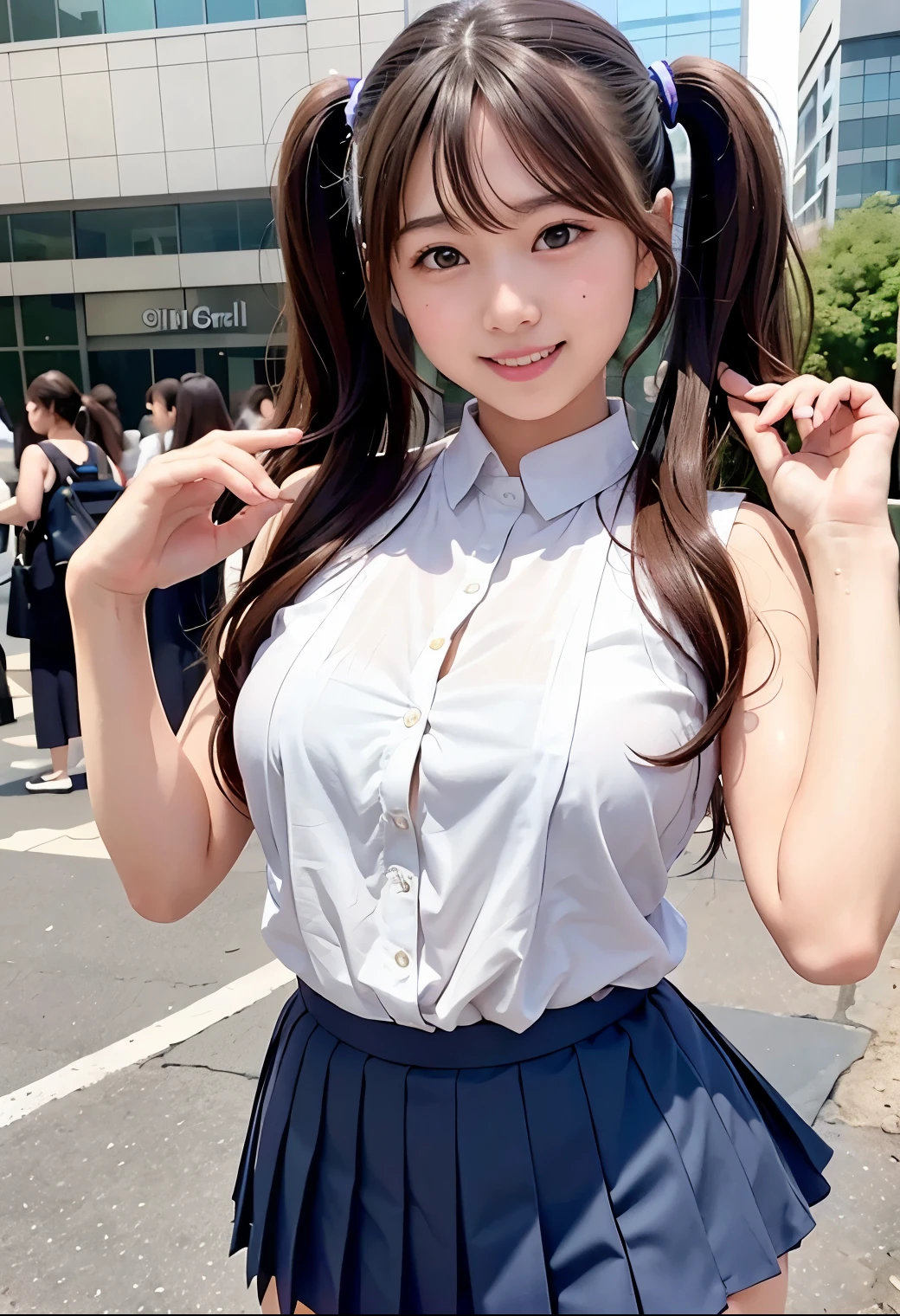 (Highest quality,masterpiece:1.3,Ultra-high resolution),(Very detailed、Caustics) (Realistic:1.4, RAW shooting、)Ultra-Realistic Capture、Very detailed、Natural skin texture、masterpiece、(Japanese  wearing a sleeveless shirt and pleated skirt:1.3)、Adorable expression、Expressions of happiness、10 years old、height: 1ce、Pure girl、Amazingly cutel hairstylair、ribbon、Black Hair、Large Breasts、Shining thighs、Shining ass、necklace、Sidewalk in a residential area、Background details、smile、An inviting gaze、(Anatomically correct)、Cowboy Shot、Attention to detail、