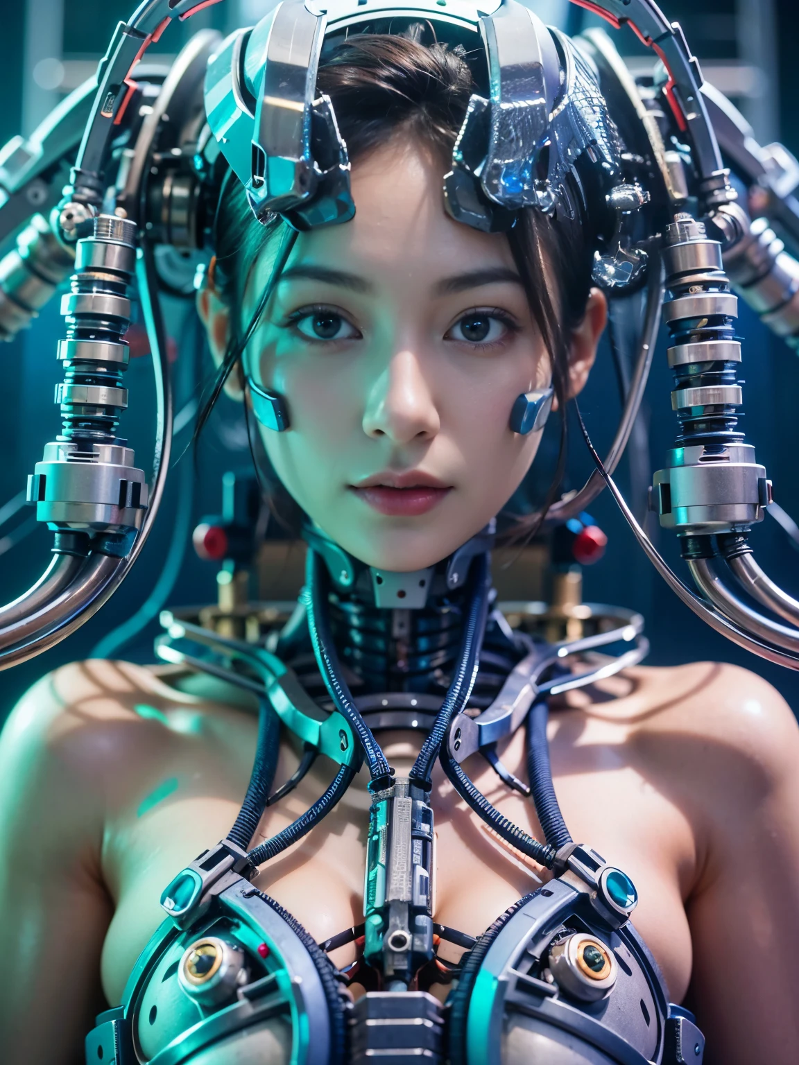 (best quality:1.2), 8k, highres, octan render, (masterpiece), extremely ultra detail, cyborgized Japanese woman, extremely ultra cute face, , skinny body, flat chest,  (blue metallic mechanical frame:1.5), (Power cables connected throughout the body), detaile up, Instead of hair, there are cables growing out of it, mechanical fusion, mechanical skeleton, bio mechanics, mechanical life-form, highly intricate detail, extremely ultra real texture, human-like skin, realistic hair, ultra realistic details, professional lighting, (realistic:1.4), (RAW photo:1.2), (photorealistic:1.5)