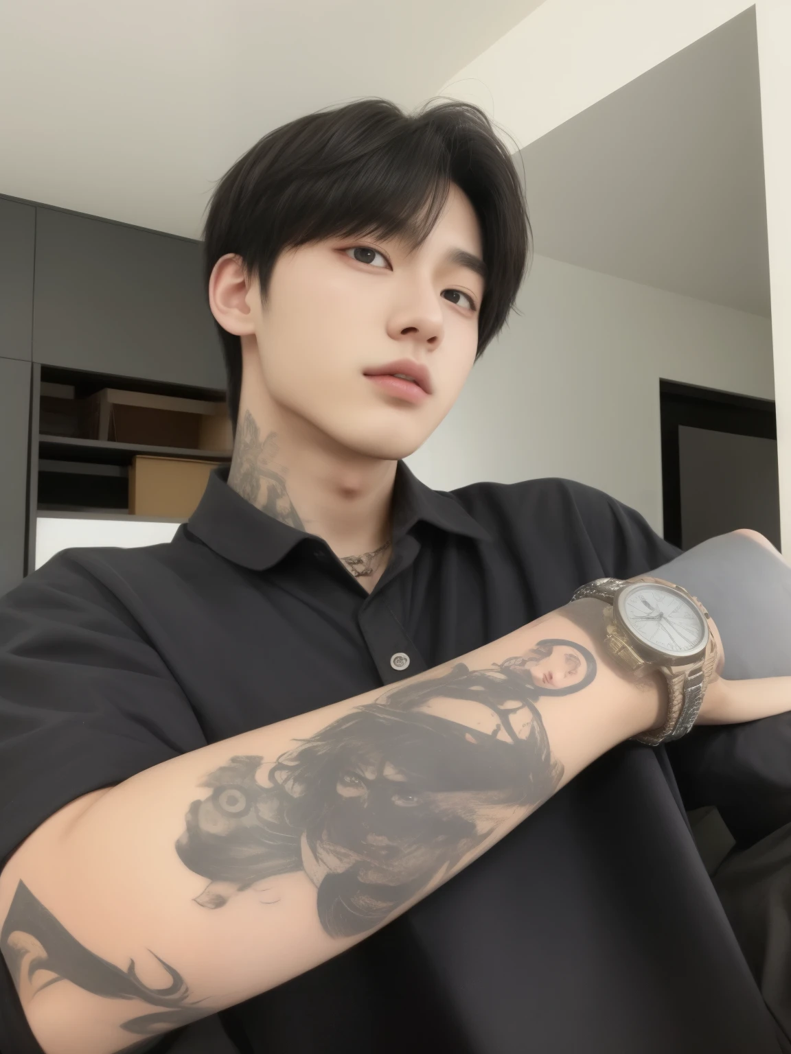 un primer plano de una persona con un tatuaje en el brazo, Cai Xu Kun, handsome japanese demon boy, inspirado por Zhang Han, pintar ulzzang, jungkook, kanliu666, kim doyoung, hyung tae, yanjun chengt, jinyoung shin, con un tatuaje de calamar en los brazos, Jung Jaehyun, es el estilo de junji