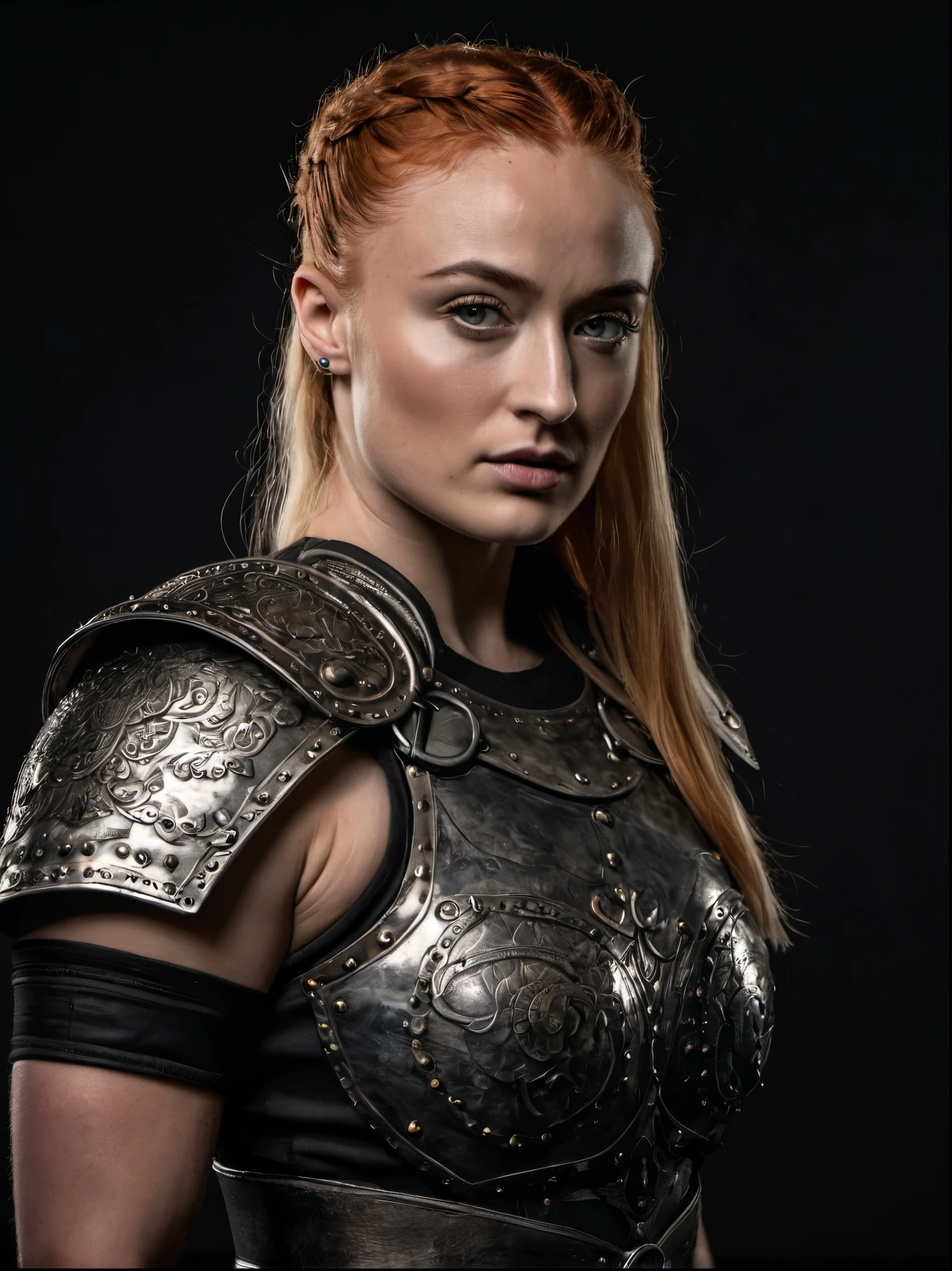 Looks like Sophie Turner, a portrait of a female warrior, stout, muscular body, full body shot, with piercing eyes, detailed face, high details, photography, dark studio, rim light, leica mp, noctilux 50mm, f/1.0