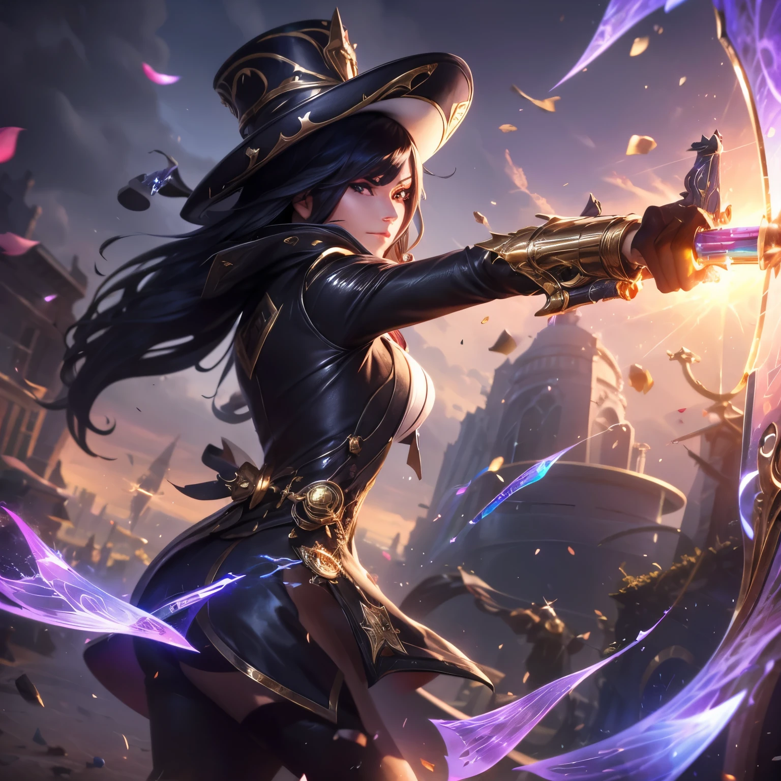 Broken glass, female, (whale:1.0), (Explosive magic;1.2), black hair with bangs, queen, clouds in the sky, photograph, (Fighting posture:1.2), league of Legends, white eyes,victorian hat, (Hold the gun.:1.2), (Broken glass:1.0), Highly detailed, Harbor port area, Masterpiece, (HDR)(Wallpaper)(movie light)(Sharp focus), Masterpiece, best quality, (best quality),run(Spectral magic:1.0),side view,reflection,Gold coat,One-eyed sunglasses,clear colored stone,crystal,rose petals,jump