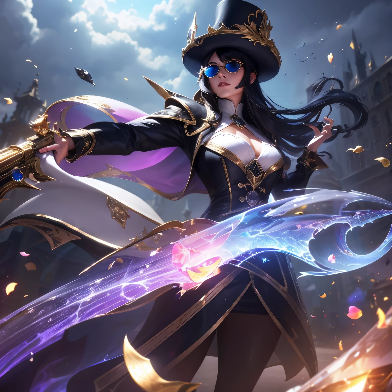 Broken glass, female, (whale:1.0), (Explosive magic;1.2), black hair with bangs, queen, clouds in the sky, photograph, (Fighting posture:1.2), league of Legends, white eyes,victorian hat, (Hold the gun.:1.2), (Broken glass:1.0), Highly detailed, Harbor port area, Masterpiece, (HDR)(Wallpaper)(movie light)(Sharp focus), Masterpiece, best quality, (best quality),(Spectral magic:1.0),top view,reflection,Gold coat,One-eyed sunglasses,clear colored stone,crystal,rose petals