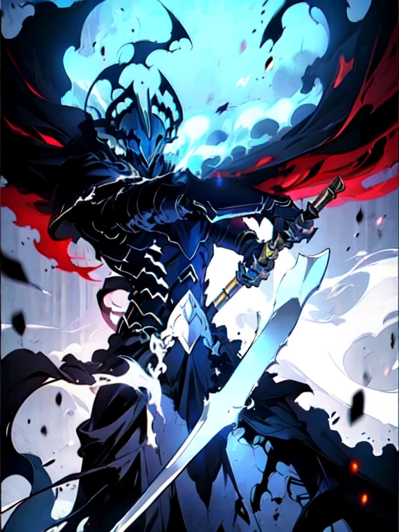BlackKnight_fe, Armadura, capa, casco, desde abajo, escorzo, brazos cruzados,fire sword, Retroiluminado, silueta, nieve, castillo, medieval.