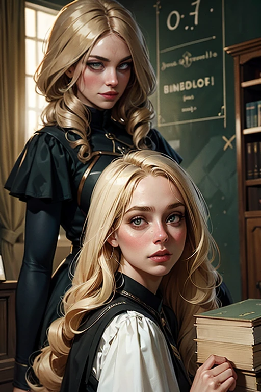 foto ficticia,the place is a school, 2 garota, cara de , picking up books from the floor while one of them apologizes, the girl on the left with curly blonde hair down to the middle of her back, olhos verdes, rosto gentil, german schoolgirl outfit, a garota da direita, com cabelos pretos e lisos curto, olhos castanhos,rosto gentil,german outfit