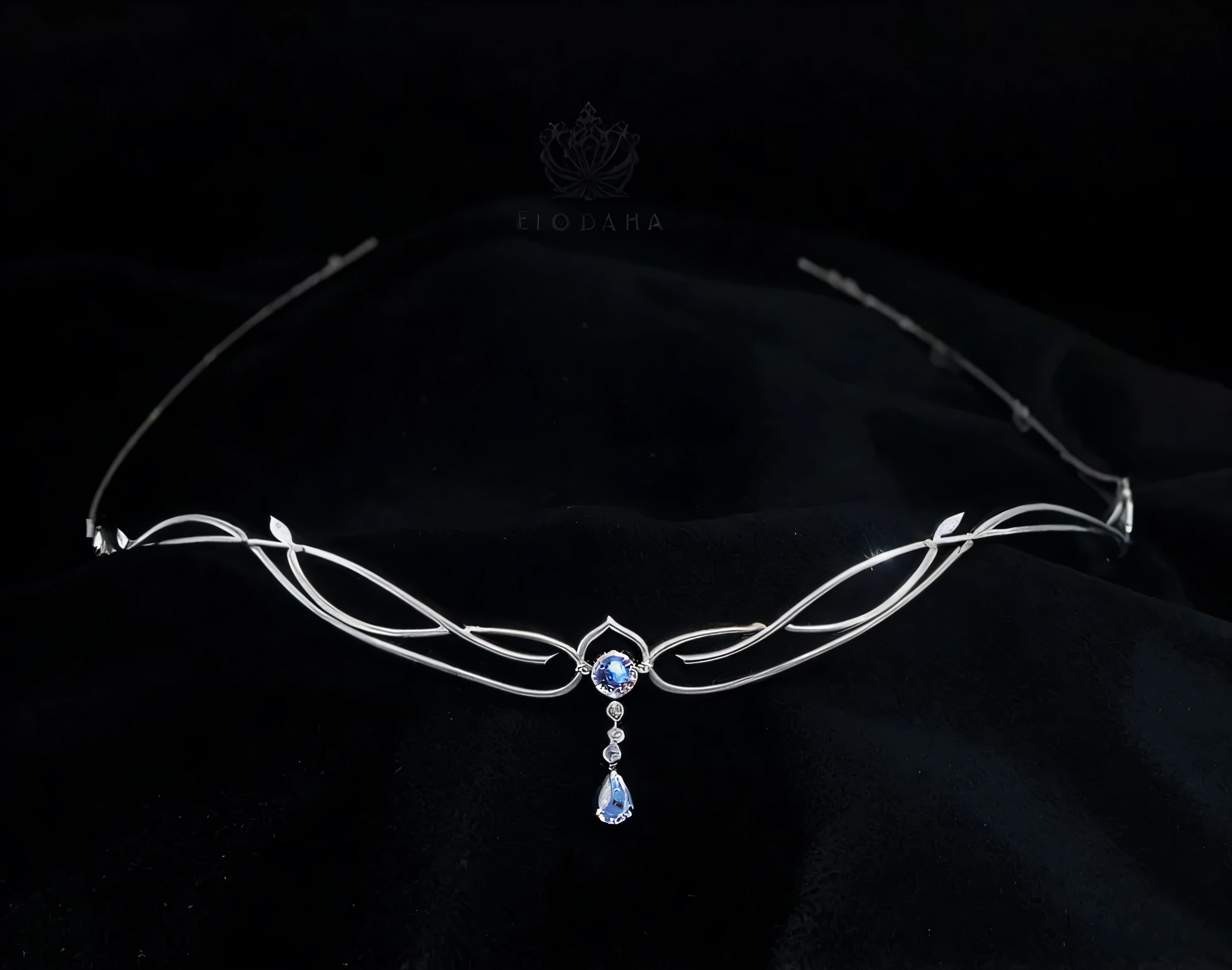 An elegant close-up of a silver headband with a crystal drop, circlet, tiara with sapphire, ultra realistic fantasy tiara, diadem on the head, diadems, diadem, silver and sapphire, intricate small band tiara, featuring rhodium wires, blue tiara, forehead band tiara, elden ring inspired, ethereal lighting, plain black background, beautiful tiara, plain background, no people, downside tiara showcase, small, delicate and simple band tiara, forehead tiara with chains to the side