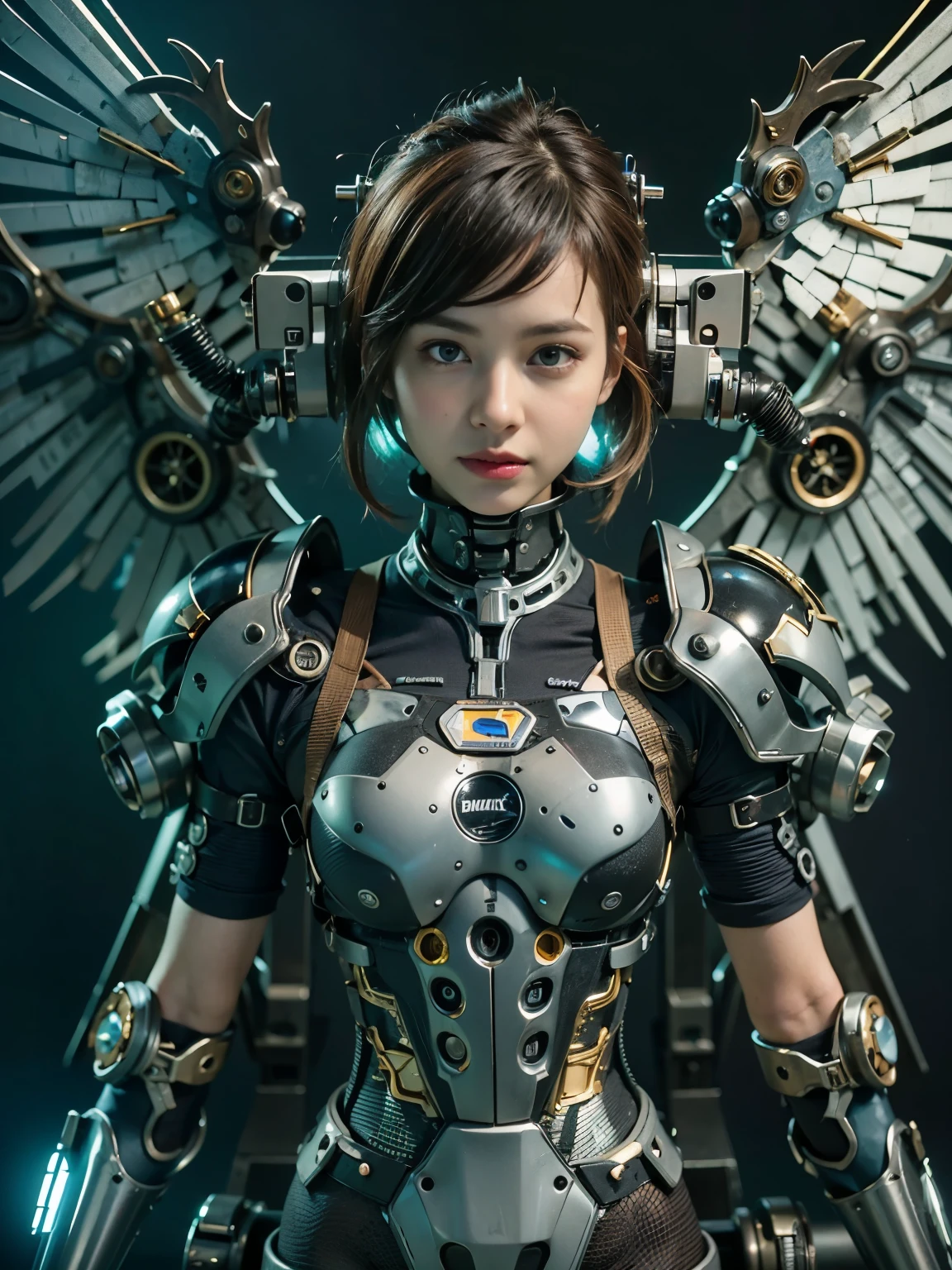 (top-quality:1.2, masterpiece)、ultra high resolution、extremely ultra surrealism, (Photorealsitic:1.4)、Raw photo、(Steampunk Battle Cyborg fallen angel)、large wings made of metal、black porcelain body、red hair、glowy skin、1 Cyborg girl、(mechanical frame:1.3)japanese, extremely cute face, ((super realistic details))、portrait、globalillumination、Shadow、octan render、8K、ultrasharp、character edge light、Details of complex ornaments、Acrylic Clear Cover、Sumerian details、Hydraulic cylinder、Small LED lamp、highly intricate detail、Realistic light、a purple eye、radiant eyes、Facing the camera、neon details、cowboy shot、Futuristic headgear、About Cyberpunk