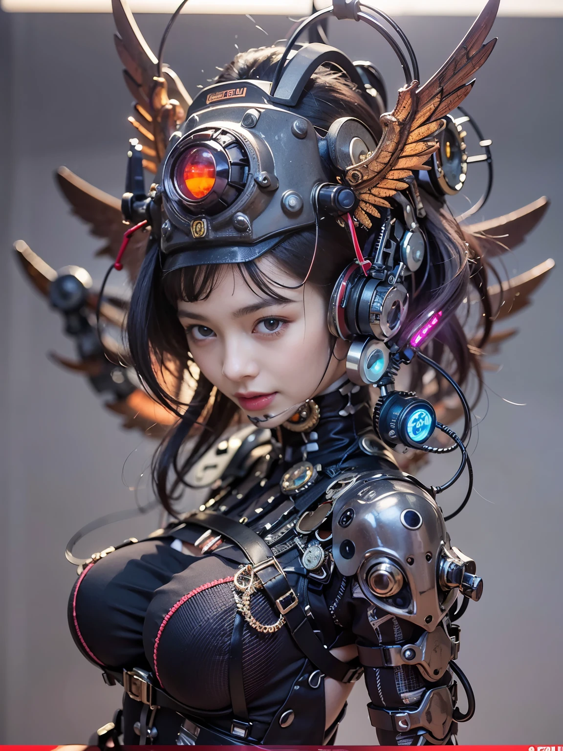 (top-quality:1.2, masterpiece)、ultra high resolution、extremely ultra surrealism, (Photorealsitic:1.4)、Raw photo、(Steampunk Battle Cyborg fallen angel)、large wings made of metal、black porcelain body、red hair、glowy skin、1 Cyborg girl、(mechanical frame:1.3)japanese, extremely cute face, ((super realistic details))、portrait、globalillumination、Shadow、octan render、8K、ultrasharp、character edge light、Details of complex ornaments、Acrylic Clear Cover、Sumerian details、Hydraulic cylinder、Small LED lamp、highly intricate detail、Realistic light、a purple eye、radiant eyes、Facing the camera、neon details、cowboy shot、Futuristic headgear、About Cyberpunk
