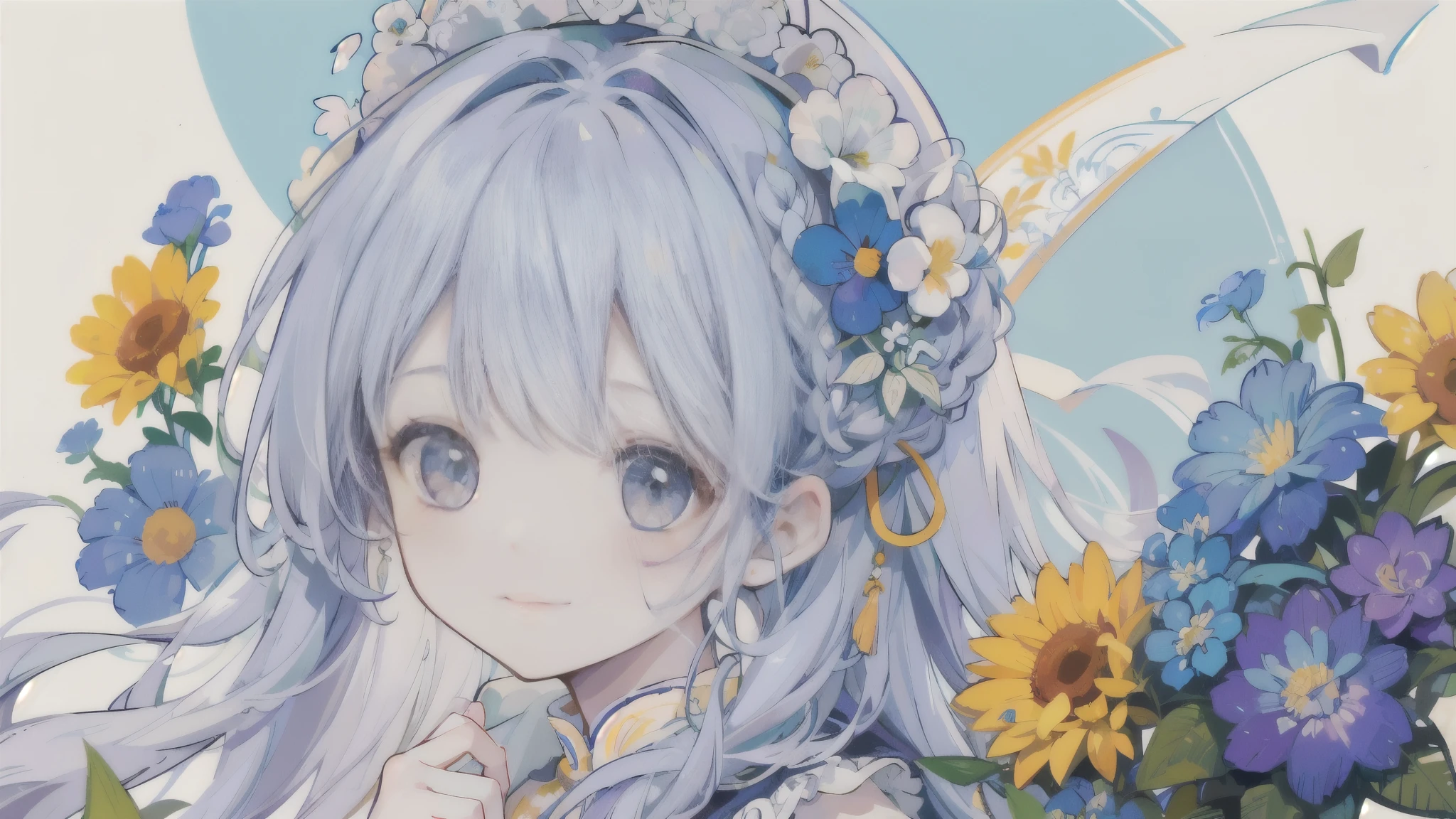 Fondo repleto de muchas flores.、Close up portrait of smiling woman looking back。There are also many flowers in the braid hair.。Lindas ilustraciones llenas de felicidad.、fondo floral、calidad extremadamente alta、calidad de imagen de alto nivel、Dibujo extremadamente delicado.。Mano de obra raramente vista
