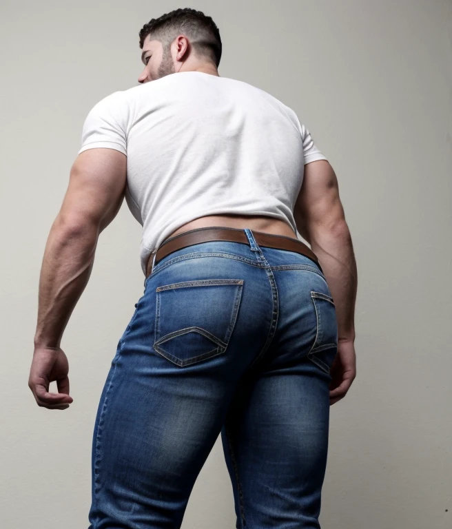  male, vaquero musculoso,  rostro, realista, foto cuerpo completo con jeans, barba corta. Nick Jonas. Backside white jeans