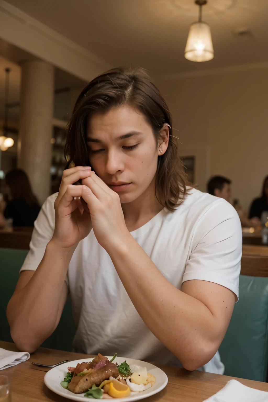 a photograph of a man having lunch in a restaurant wearing seashell ear plugs
