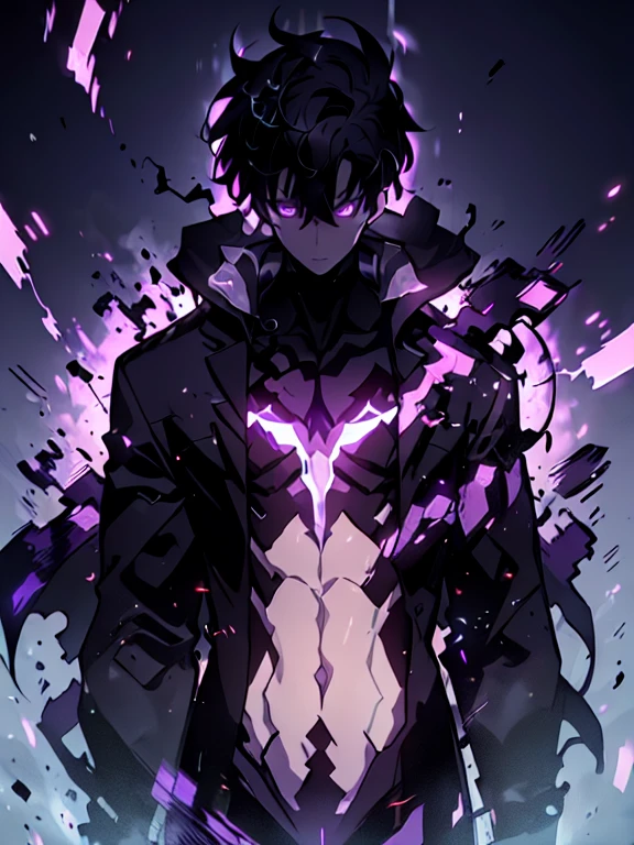 A man in a black suit with black hair and purple-green and black glitch particles floating around him.