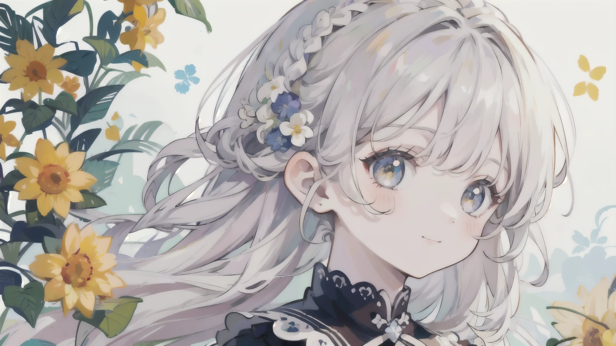 Fondo repleto de muchas flores.、Close up portrait of smiling woman looking back。There are also many flowers in the braid hair.。Lindas ilustraciones llenas de felicidad.、fondo floral、calidad extremadamente alta、calidad de imagen de alto nivel、Dibujo extremadamente delicado.。Mano de obra raramente vista