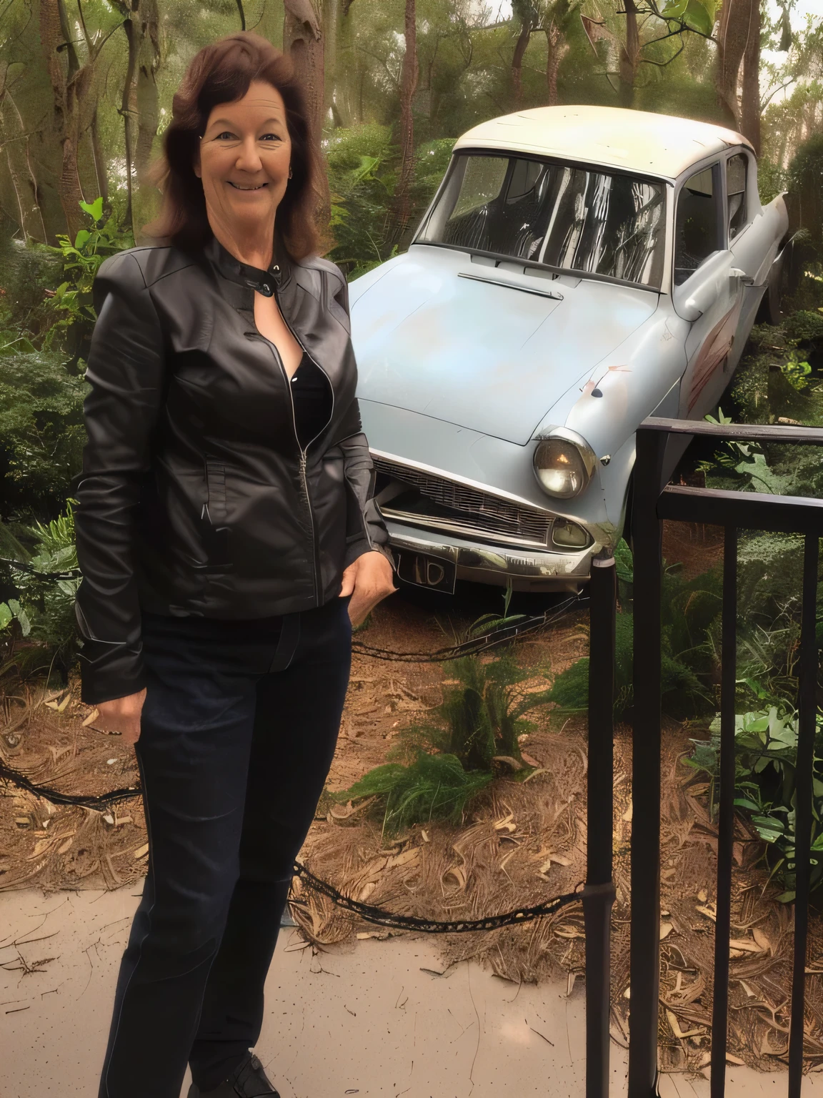 woman standing in front of a car in a wooded area, weta workshop, author, by Gwen Barnard, weta studios, inspired by Sydney Carline, photo taken in 2018, by Geoffrey Olsen, by Elizabeth Durack, weta studio, scenic full shot, jules, by Kathleen Scott, in front of a forest background, by Jason Benjamin, hi