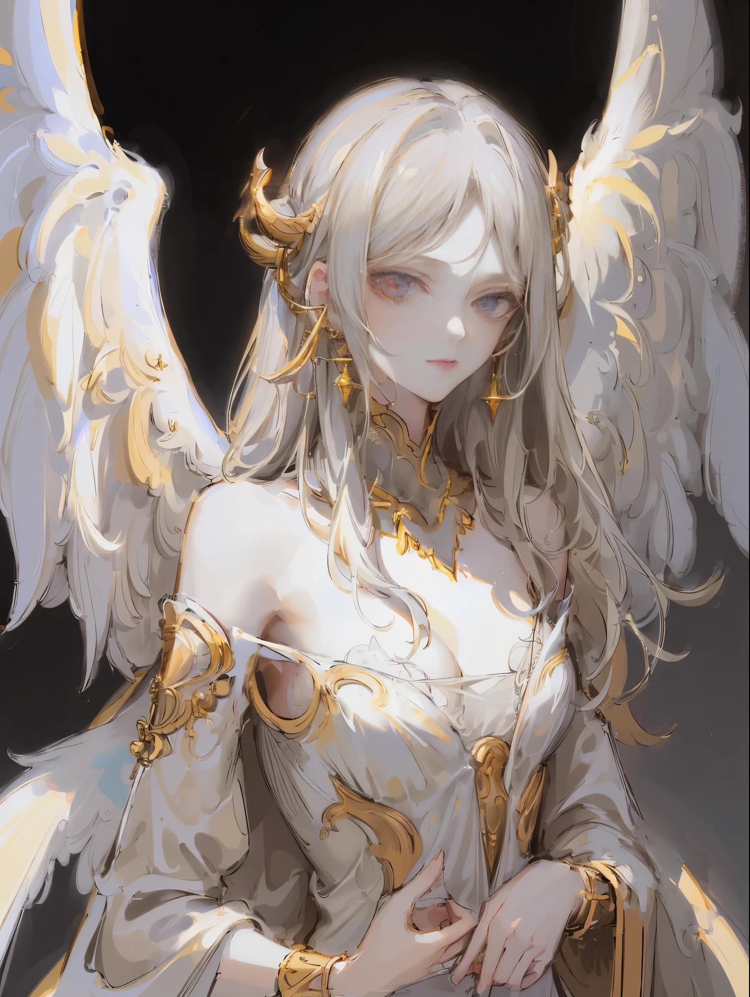 Designed by nty, 1 girl, (((8K, RAW photogr, Best quality at best, tmasterpiece: 1.4))), (((Angelic woman))), ultra high resolution, ultra - detailed, lamplight, Close-up cleavage, beuaty girl, red eyes, (detailed eyes, The eyes are bright:1.2), Medium long gray hair, Angelic, pale-skinned, ear piercings, white  clothes, Meticulous clothes, gold accessories on clothes, (perfect anatomia:1.2), Highqualityshadow, natural  lightting, (White highlights:1.2), natta, overcast day, (the angel's wings:1.2), (starrysky:1.2)