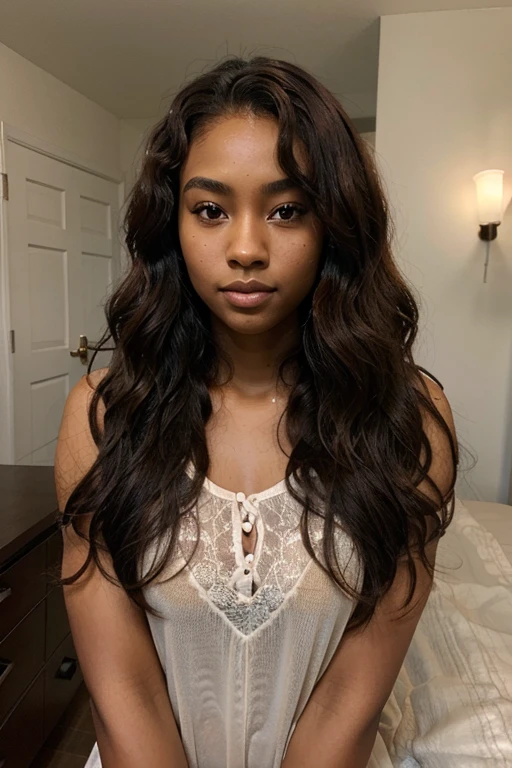 A very pretty and attractive dark skin blasian 22 year old with light brown asian eyes and auburn wavy curly hair. very realistic