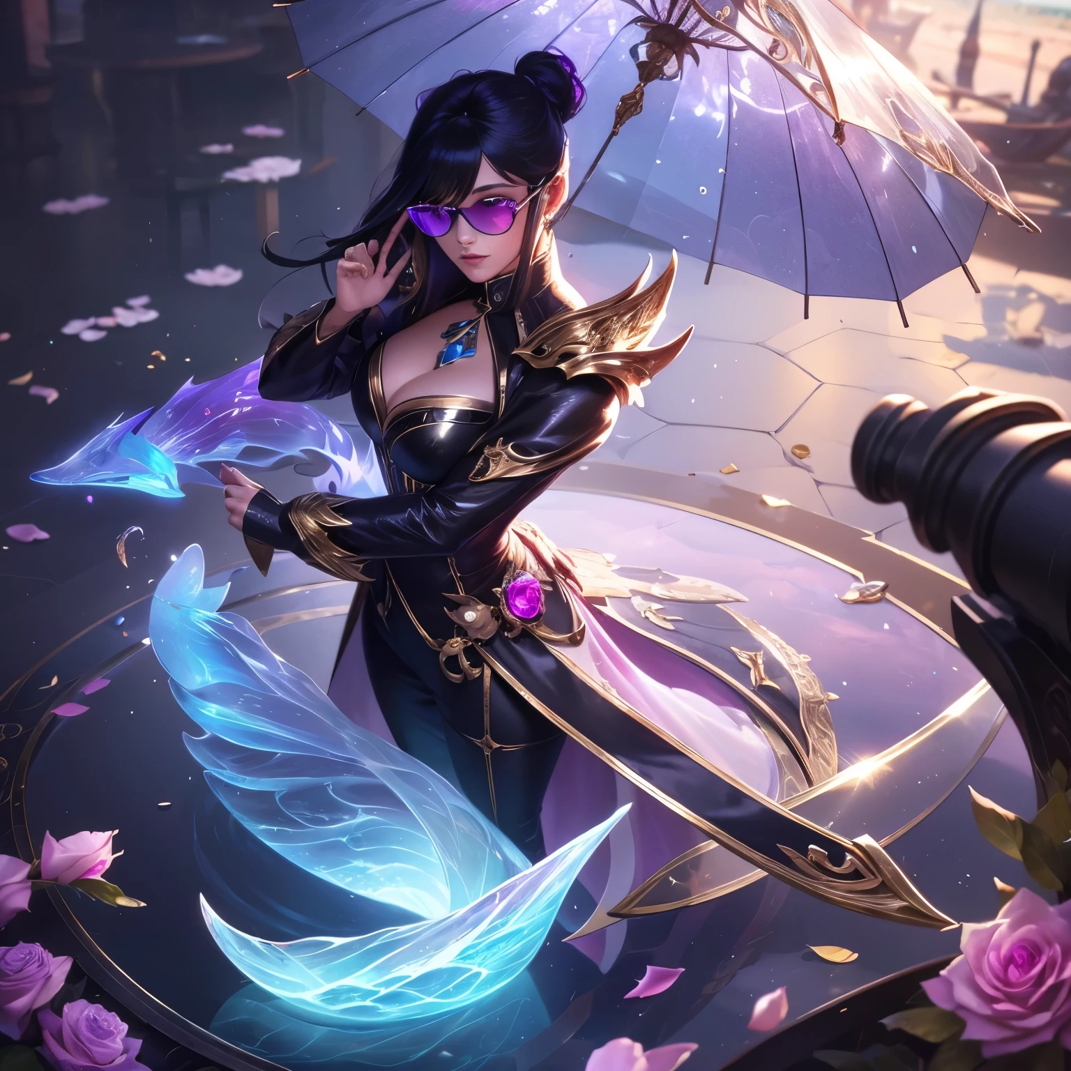 Broken glass, female, (whale:1.0), (plant control magic;1.2), black hair with bangs, queen, clouds in the sky, photograph, (Fighting posture:1.2), league of Legends, white eyes,hair barrette, (holding an umbrella:1.2), (Broken glass:1.0), Highly detailed, Harbor port area, Masterpiece, (HDR)(Wallpaper)(movie light)(Sharp focus), Masterpiece, best quality, (best quality),(Spectral magic:1.0),top view,reflection,Gold coat,One-eyed sunglasses,clear colored stone,crystal,rose petals,China,plum blossom,