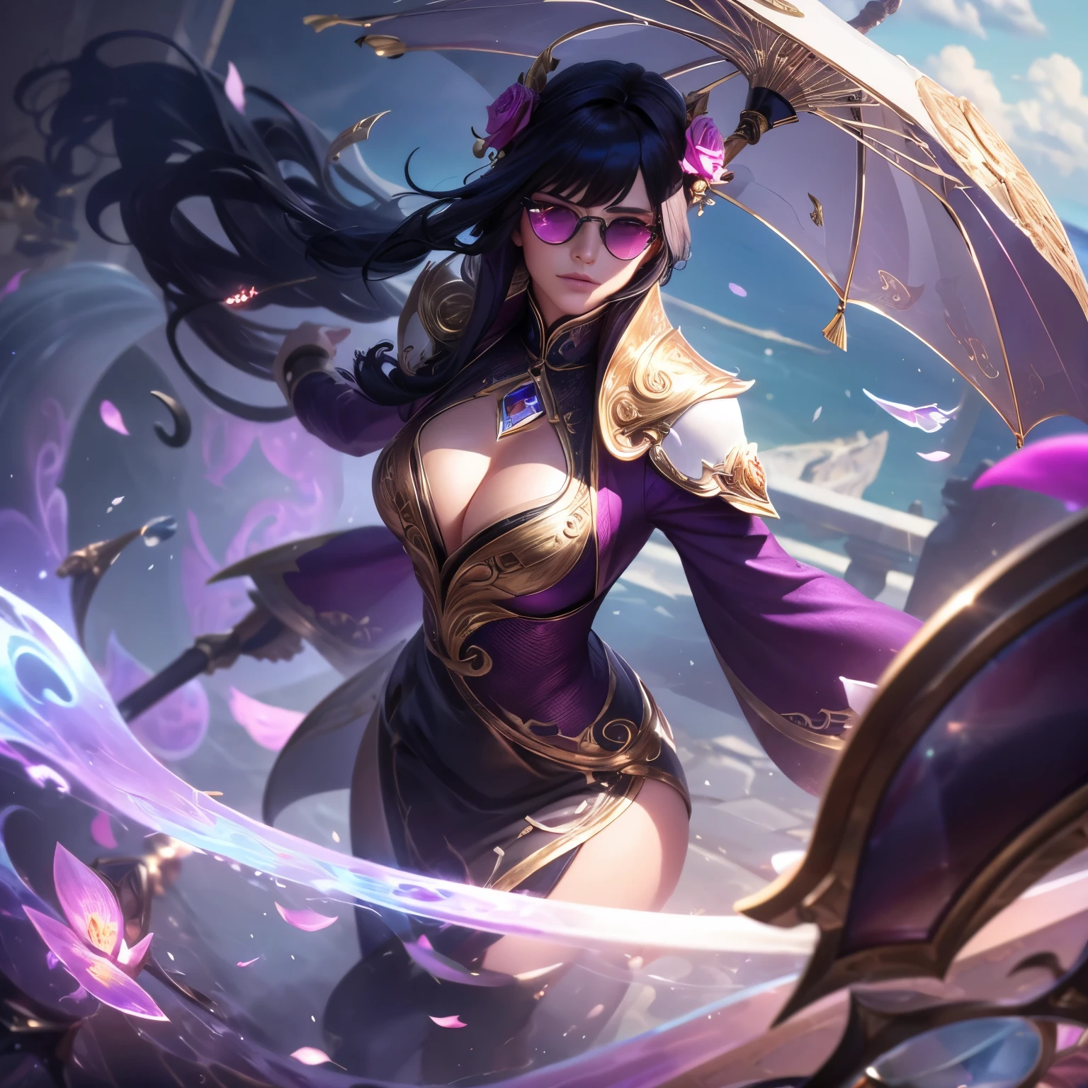 Broken glass, female, (whale:1.0), (plant control magic;1.2), black hair with bangs, queen, clouds in the sky, photograph, (Fighting posture:1.2), league of Legends, white eyes,hair barrette, (holding an umbrella:1.2), (Broken glass:1.0), Highly detailed, Harbor port area, Masterpiece, (HDR)(Wallpaper)(movie light)(Sharp focus), Masterpiece, best quality, (best quality),(Spectral magic:1.0),top view,reflection,Gold coat,One-eyed sunglasses,clear colored stone,crystal,rose petals,China,plum blossom,