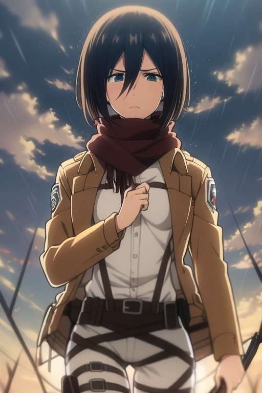 Oat style,woman,full body,black hair,Put on a shirt,rear camera angle,light green eyes,short hair,(Survey Corps Set),red-brown scarf,brown jacket,thigh strap,long limbs.,black leg stockings,4k,,เรื่่องattack on titan, Distinctive characteristics,attack on titan mikasa,ลายเส้นattack on titan,(holding two long knives),(Sad, crying),full of blood,Rain falling in the background, houses falling apart