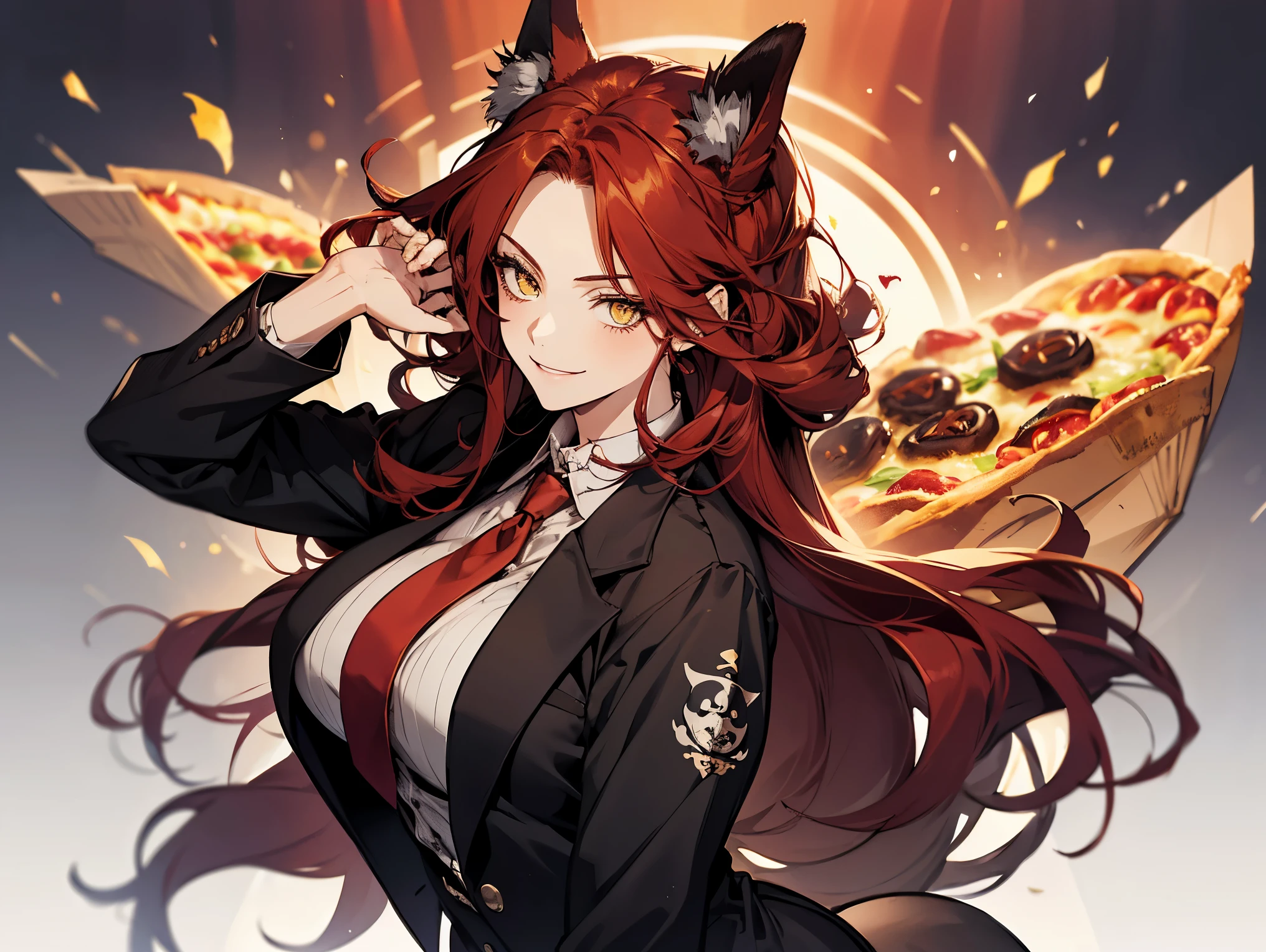 1 female, teacher, wearing a black suit, red tie, bootyshorts, Thicc, red hair, long hair, yellow eyes, red fox ears, face to detail, detailed eyes, the background is a pizzeria, happy, Holding a pirates hook, smiling