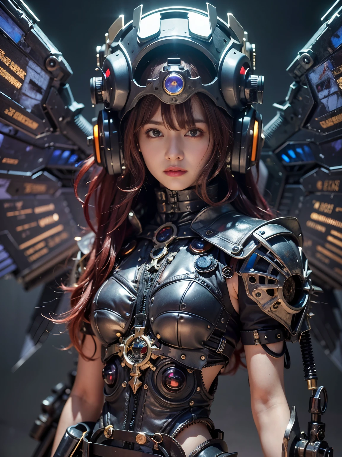 top-quality、​masterpiece、超A high resolution、(Photorealsitic:1.4)、Raw photo、1人、Black hair、glowy skin、1 Mechanical Angel、large metal wings、Shining Angel Circle、((super realistic details))、portlate、globalillumination、Shadow、octan render、8K、ultrasharp、Colossal tits、Raw skin is exposed in cleavage、metals、Details of complex ornaments、Steampunk details、vacuum tubes、Nixie Kan、Oil pressure gauge、Glass Kan、Analog Meter、gear wheel、gear、Hydraulic cylinder、highly intricate detail、Realistic light、a purple eye、radiant eyes、Facing the camera、neon details、Mechanical limbs、blood vessels connected to tubes、Mechanical vertebrae attached to the back、mechanical cervical attaching to neck、sitting on、Wires and cables connecting to the head、Small LED lamp、Sumerian details、