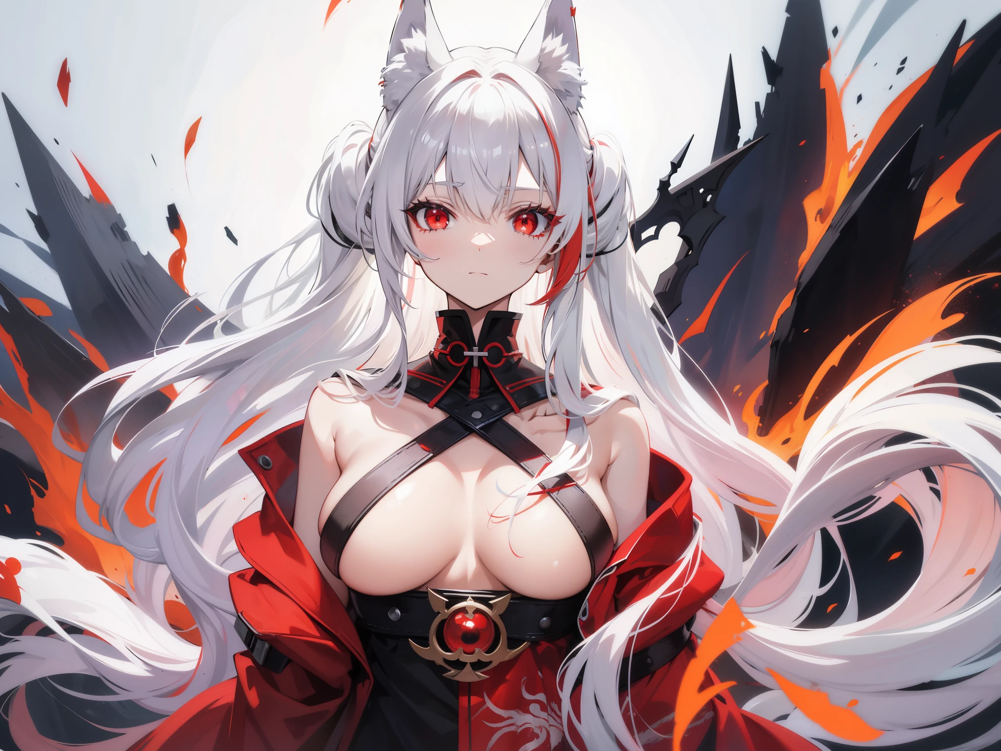 long white hair, Red eyes，fox ear，Nine Tails，Fox Maiden, red eyes, red hair, big chest, lewd poses