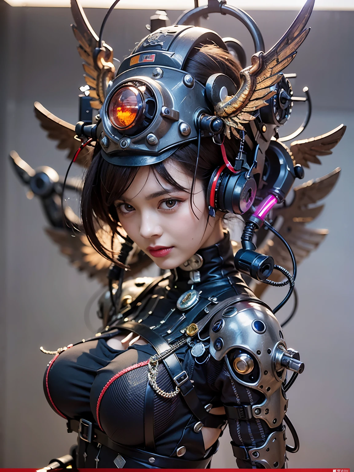(top-quality:1.2, masterpiece)、ultra high resolution、extremely ultra surrealism, (Photorealsitic:1.4)、Raw photo、(Steampunk Battle Cyborg fallen angel)、large wings made of metal、black porcelain body、red  hair、glowy skin、1 Cyborg girl、(mechanical frame:1.3)japanese, extremely cute face,  ((super realistic details))、portrait、globalillumination、Shadow、octan render、8K、ultrasharp、character edge light、Details of complex ornaments、Acrylic Clear Cover、Sumerian details、Hydraulic cylinder、Small LED lamp、highly intricate detail、Realistic light、a purple eye、radiant eyes、Facing the camera、neon details、cowboy  shot、Futuristic headgear、About Cyberpunk