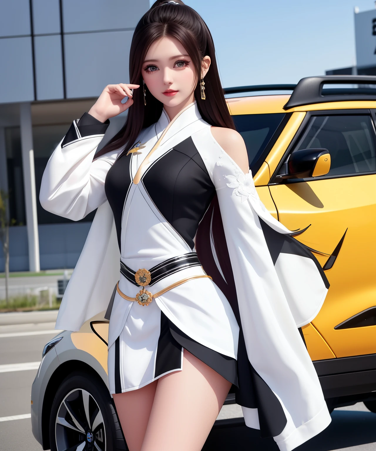 Generate an image of a 27-year-old woman with the following characteristics .

- Mide 1.75m de estatura 
- Piel Blanca
- Tiene cuerpo de modelo latina, piernas tonificadas, cintura y pechos delgados.
- Japanese eyes - Straight and loose hair - The clothes she wears look very elegant - Finally, tiene un auto de marca Nissan Kicks de color blanco perla y techo negro, cuya placa es BXX-384