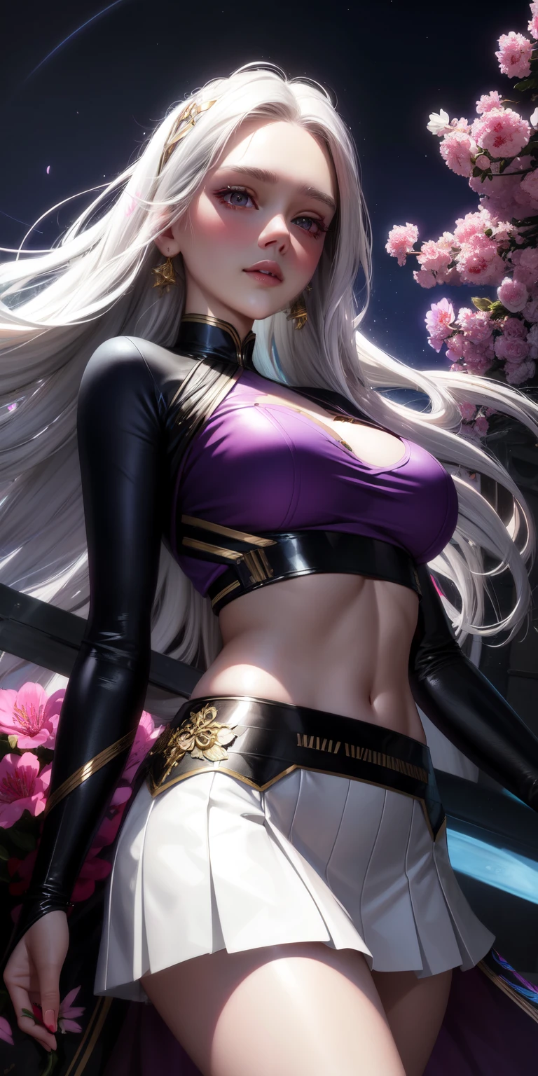Elizabeth olsen realistic, 1girl, white hair, purple eyes, glowing eyes, crop top, skirt, parted lips, blush, night, flowers, sun, sunlight,