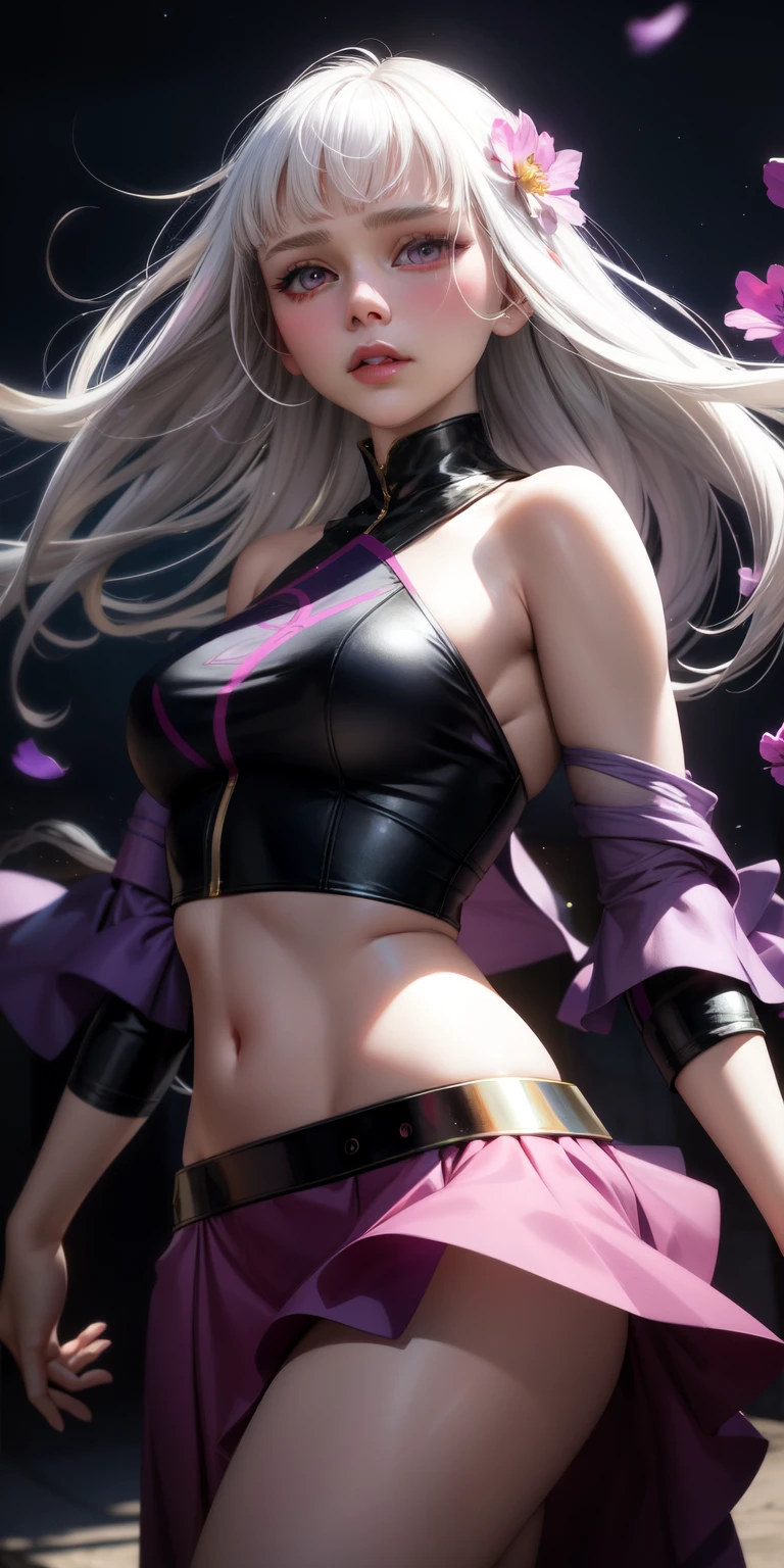 Elizabeth olsen realistic, 1girl, white hair, purple eyes, glowing eyes, crop top, skirt, parted lips, blush, night, flowers, sun, sunlight,