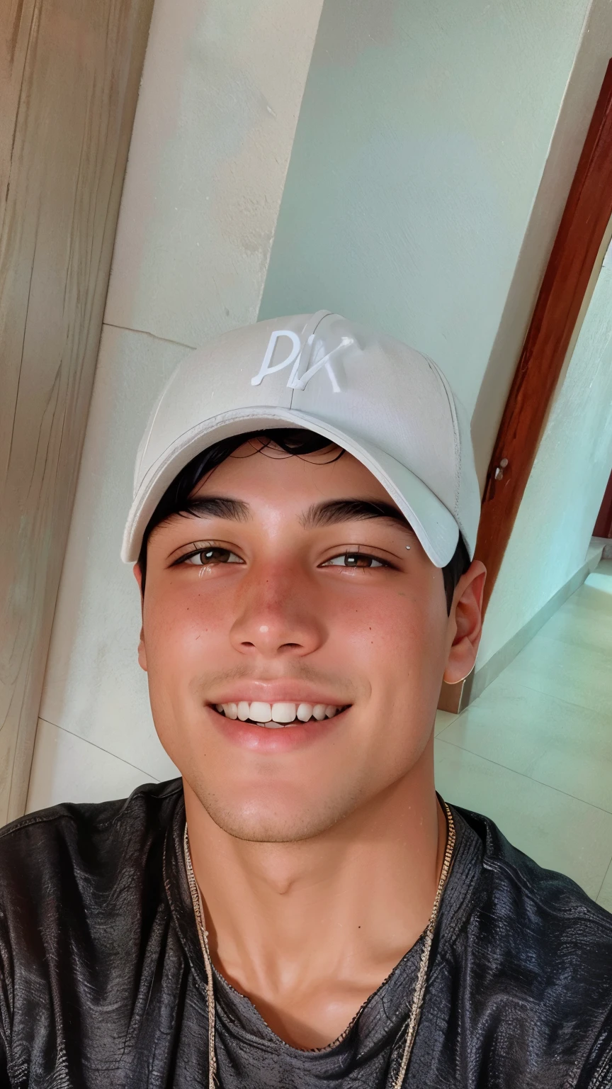 Best quality, masterpiece, ultra high res, (photorealistic: 1.4), raw photo, 1boy, boy, young adult brazilian, black hair, white, boy, skin texture, smiling