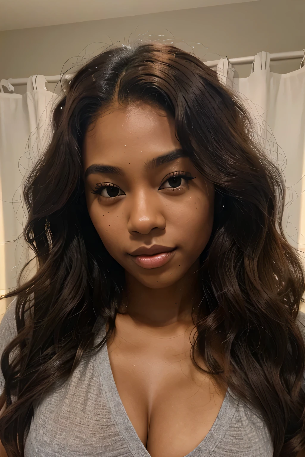 A very pretty and attractive dark skin blasian 22 year old with light brown asian eyes and auburn wavy curly hair. very realistic