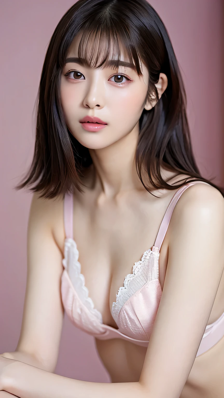 Highest image quality、neat hair With bangs, white hime cut hairstyle, , princess cut, Kook Ji Young, With bangs, pink bra、Clear look、Super beautiful woman、