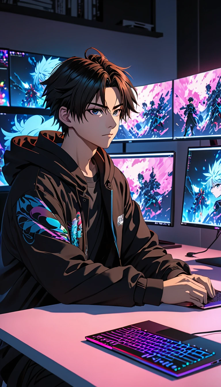 Anime characters sitting at desks,Comes with laptop and monitor, anime style 4k, 4k anime wallpaper, Badass Anime 8K, 4k comic wallpaper, young anime man, anime boy, anime wallpaper 4k, anime wallpaper 4k, High quality anime art style, Anime cute art style, anime art wallpaper 8k, anime art wallpaper 4k, RGB lighting,