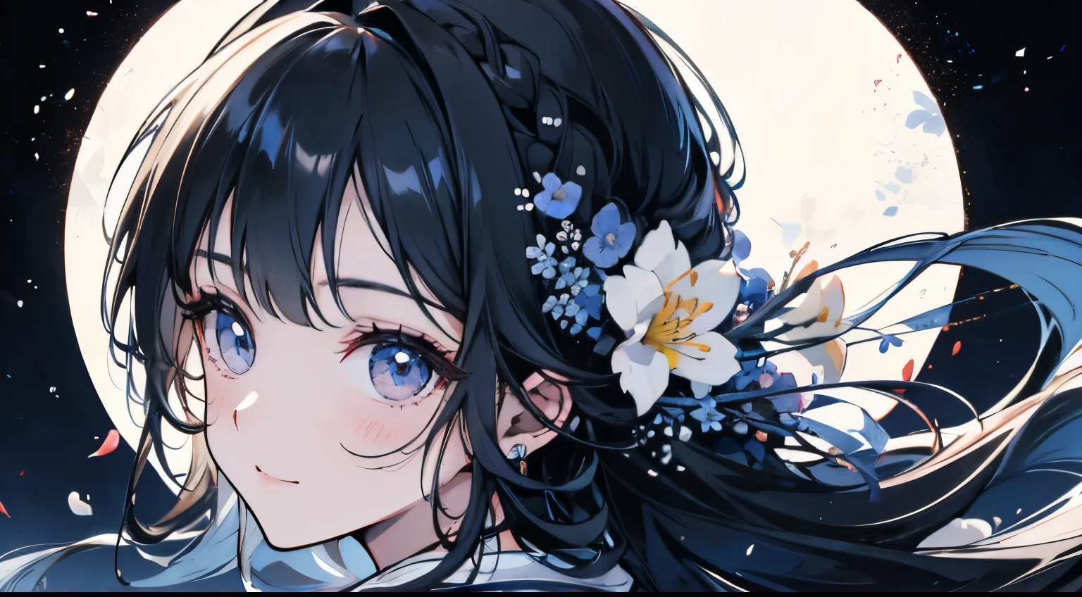 Fondo repleto de muchas flores.、Close up portrait of smiling woman looking back。There are also many flowers in the braid hair.。Lindas ilustraciones llenas de felicidad.、fondo floral、calidad extremadamente alta、calidad de imagen de alto nivel、Dibujo extremadamente delicado.。Mano de obra raramente vista