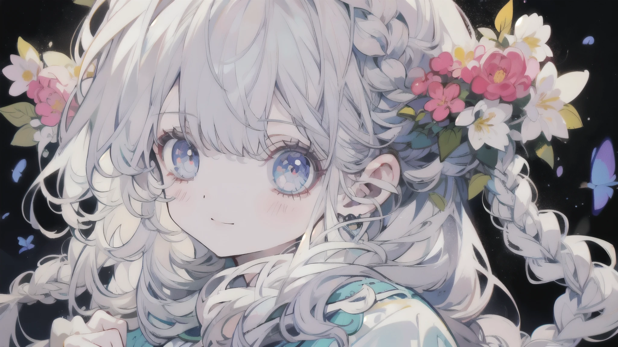Fondo repleto de muchas flores.、Close up portrait of smiling woman looking back。There are also many flowers in the braid hair.。Lindas ilustraciones llenas de felicidad.、fondo floral、calidad extremadamente alta、calidad de imagen de alto nivel、Dibujo extremadamente delicado.。Mano de obra raramente vista