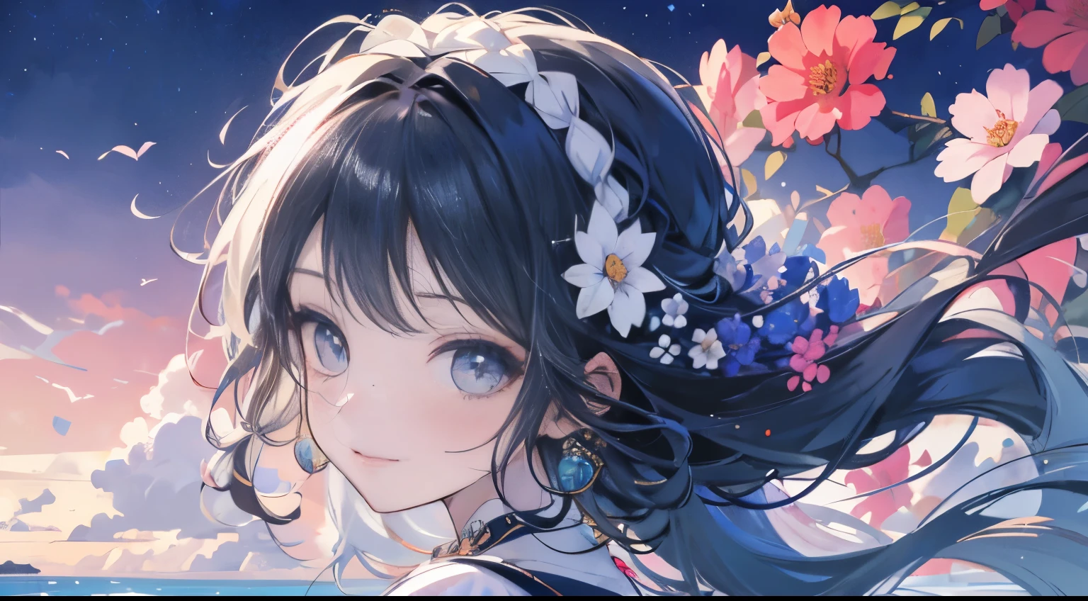 Fondo repleto de muchas flores.、Close up portrait of smiling woman looking back。There are also many flowers in the braid hair.。Lindas ilustraciones llenas de felicidad.、fondo floral、calidad extremadamente alta、calidad de imagen de alto nivel、Dibujo extremadamente delicado.。Mano de obra raramente vista
