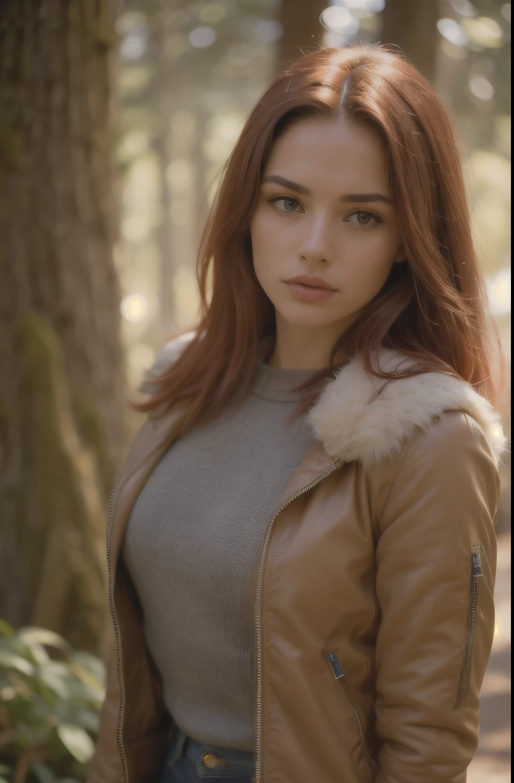 Photo of a woman, ultra-textured skin, bitch face, red long hair, athletic body type, nose piercing, face looking straight into camera, full face, half up, half down, fur lined jacket with skinny jeans, group profile, towering ancient red trees give a feeling wonder and awe, perfect eyes ((harsh lighting: 1.4))), Velvia 100 color, shot on Cinestill 800T, bokeh, sharp focus on the subject, shot by Manuela Marquez