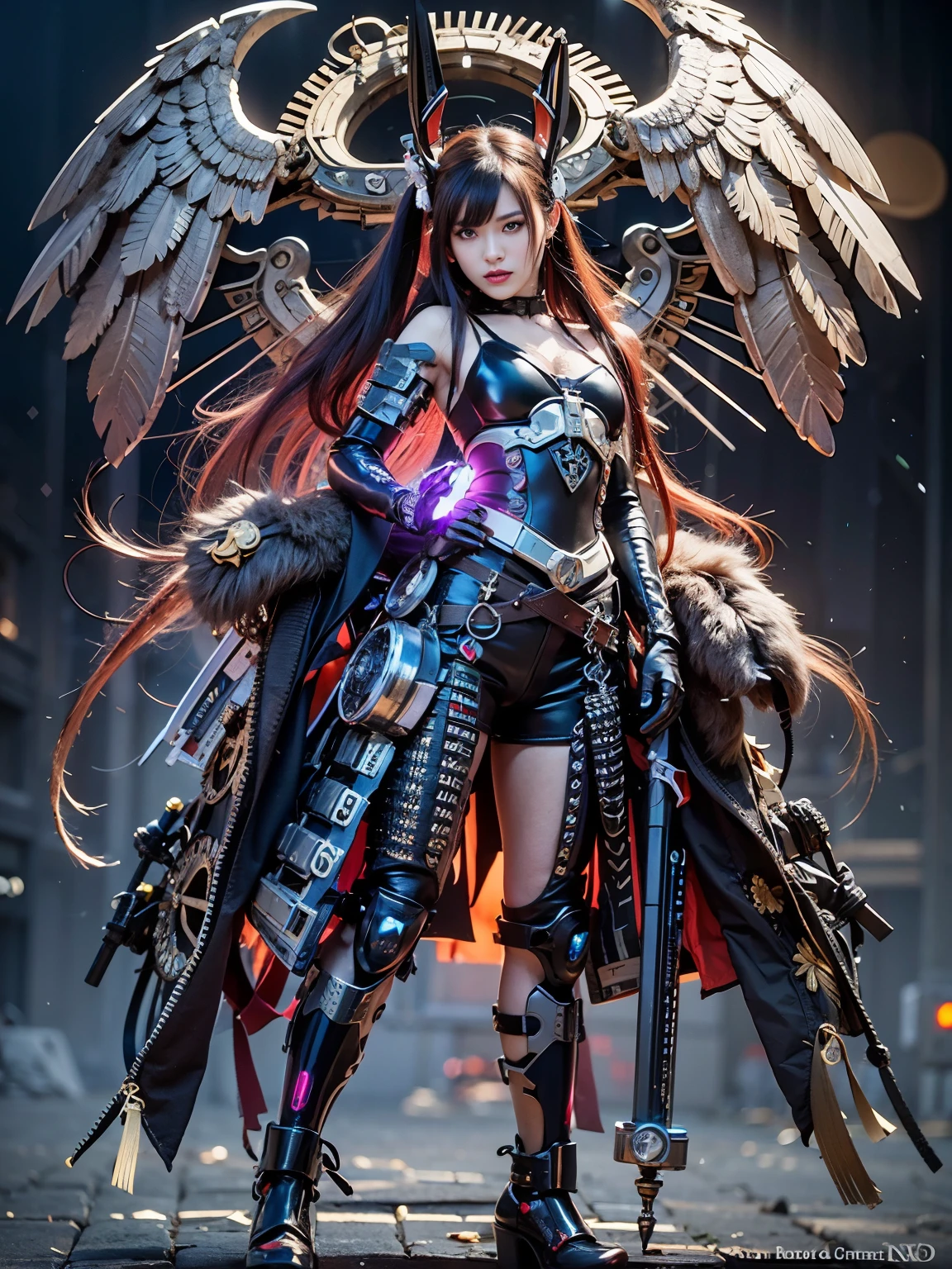 (((masterpiece, highest quality, Very detailed))), (((終わりのないmagic使いの少女, 14 years old, radiating magic))), (((Complex mechanical headgear, A fusion of the intricate mechanical nature of steampunk fashion, the over-the-top gothic fashion and the neon glow of cyberpunk fashion.))), Bust up photo, ((((Very detailedな顔))), (((Very sharp focused eyes))), Very large slitted dark grey eyes that sparkle like jewels. Very long eyelashes, Long vertically curled black hair, Thick bangs, Perfect princess cut, Very gorgeous tiara, (((Perfectly accurate human anatomy))), Long neck, Narrow shoulders, thin and long arms, Small breasts, Very small waist, Very small ass, Long, slender legs, (((Overall accuracy has been dramatically improved, creating Very detailed, Realistic and photo-realistic images)))), (((magic, magic spell light, magic weapon))), Dynamic pose, Cinema Lighting,