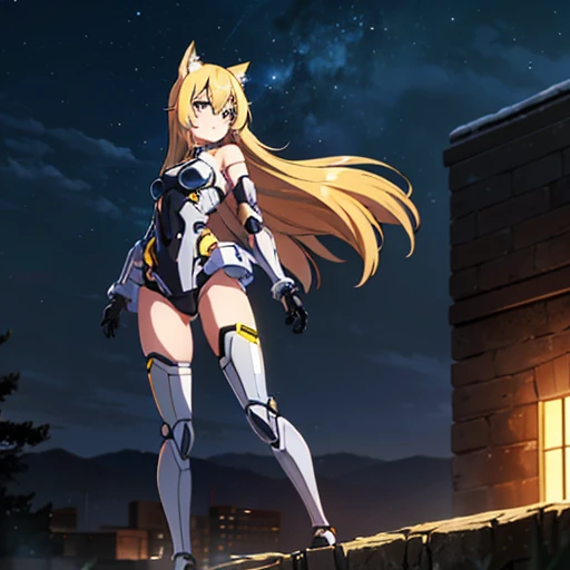 beautiful girl, masterpiece, active pose, outdoors, night, (cyborg girl), college age, perfect female body, long hair, long bangs between eyes, fluffy hair, (shiny blonde hair), (glowing cyborg eyes), (bare thighs), (bare shoulders), small breasts, white body with indigo patterns, (mechanical joints), thigh high socks, mechanical cat ears