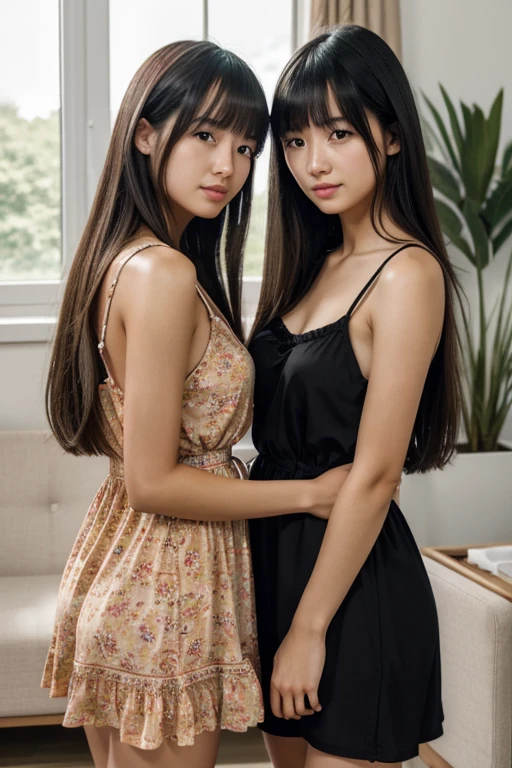 2 girl, 18 years old, couple focus , group of 2 girls, dutch japanese mixed girl , , Upper body, sexy Minimalist sundress showing clevage , long hair, curtain bangs, black hair , (high color saturation:1.0), (highly detailed skin), (highest quality:1.0), (ultra high resolution:1.0) ,(realistic:1.0), (Super detailed:1.0), (8K, RAW, side by side holding each others