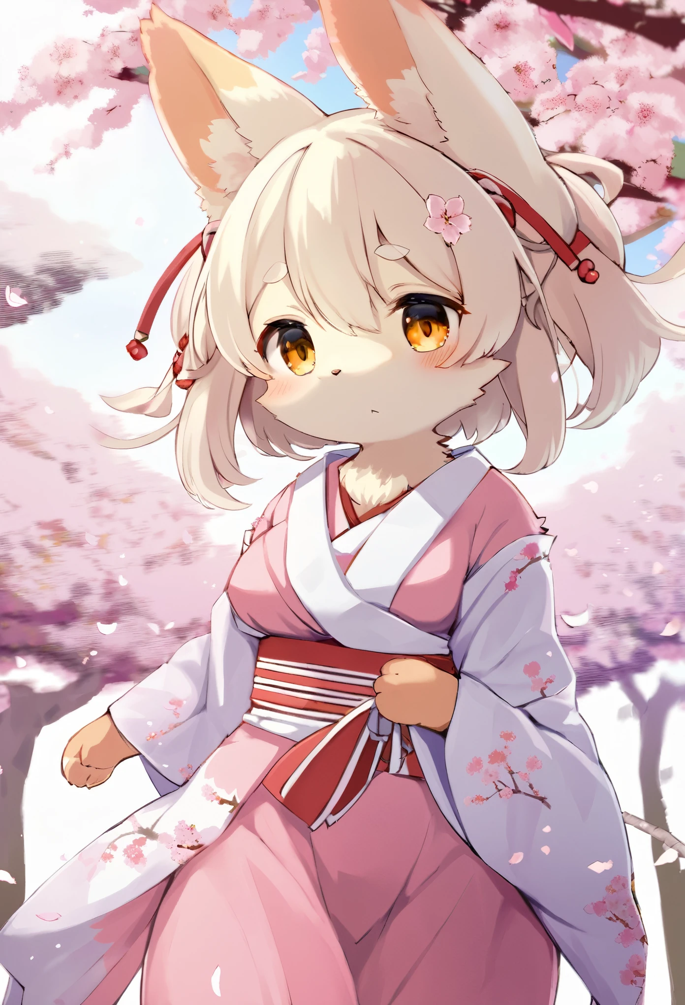 masterpiece, kimono, The cherry tree, cherry blossoms dancing in the wind(super cute 1girl, solo, kemono, furry anthro)