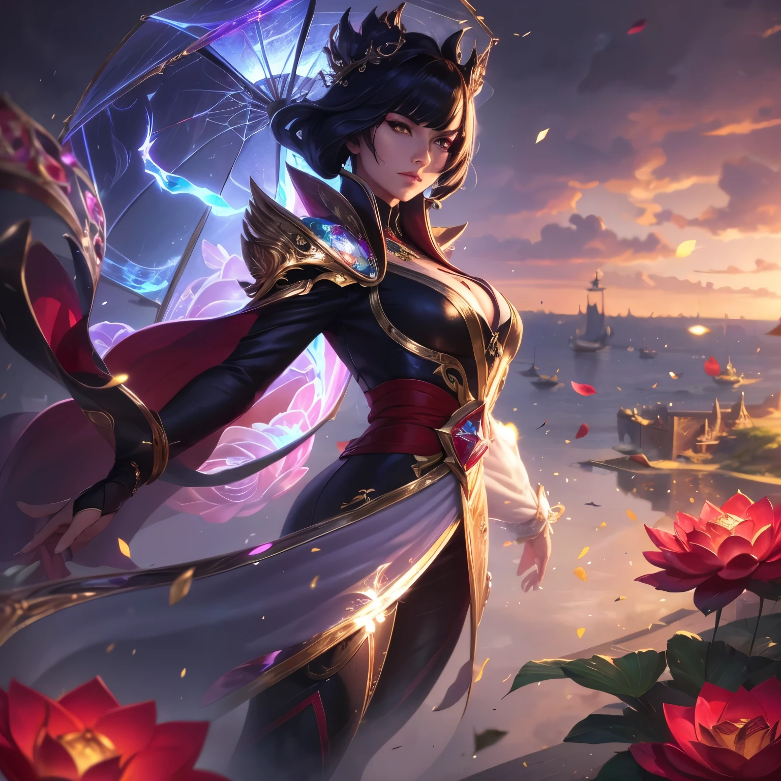 Broken glass, female, (eel:1.0), (plant control magic;1.2), black hair with bangs, queen, clouds in the sky, photograph, (Fighting posture:1.2), league of Legends, white eyes,hair barrette, (holding an umbrella:1.2), (Broken glass:1.0), Highly detailed, Harbor port area, Masterpiece, (HDR)(Wallpaper)(movie light)(Sharp focus), Masterpiece, best quality, (best quality),(Spectral magic:1.0),top view,reflection,Gold coat,One-eyed sunglasses,clear colored stone,crystal,rose petals,China,red lotus,Bodyguard follows.,red magic,There is a bodyguard., preservation 