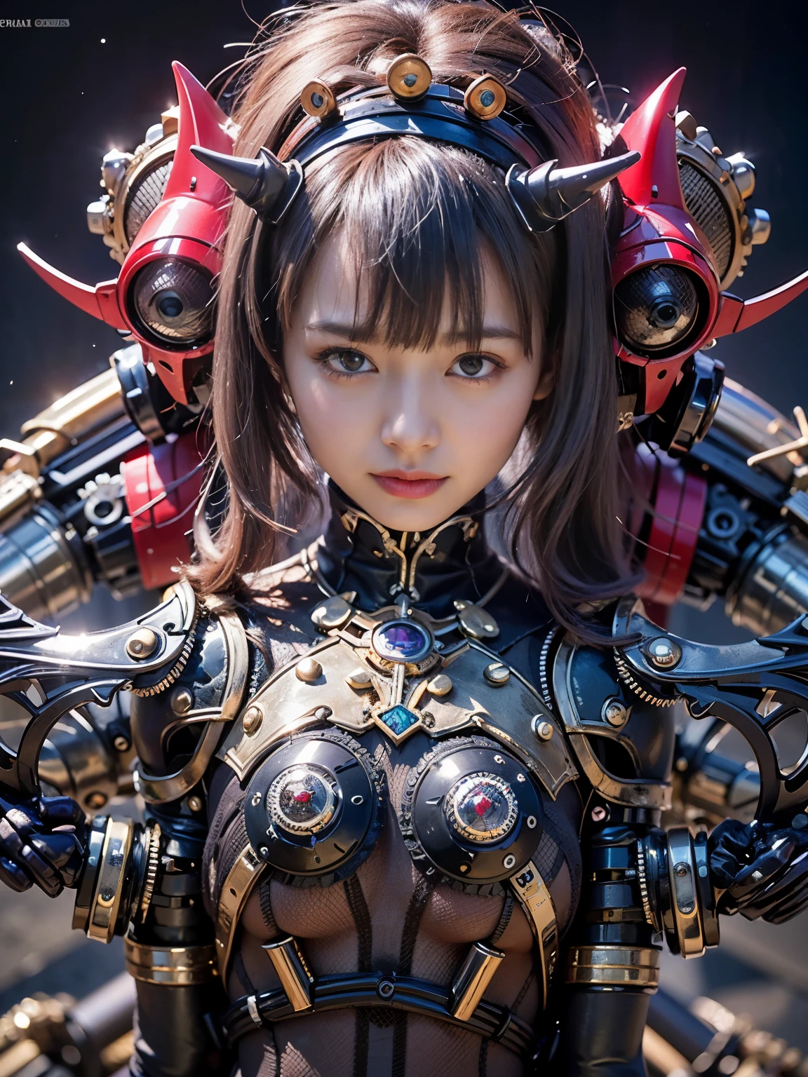 (top-quality:1.2, masterpiece)、ultra high resolution、extremely ultra surrealism, (Photorealsitic:1.4)、Raw photo、(Steampunk Battle Cyborg fallen angel)、large wings made of metal、black porcelain body、red hair、glowy skin、1 Cyborg girl、(mechanical frame:1.3)japanese girl, (samurai armor:1.2), extremely cute face, ((super realistic details))、portrait、globalillumination、Shadow、octan render、8K、ultrasharp、character edge light、Details of complex ornaments、Acrylic Clear Cover、Sumerian details、Hydraulic cylinder、Small LED lamp、highly intricate detail、Realistic light、a purple eye、radiant eyes、Facing the camera、neon details、cowboy shot、About Cyberpunk