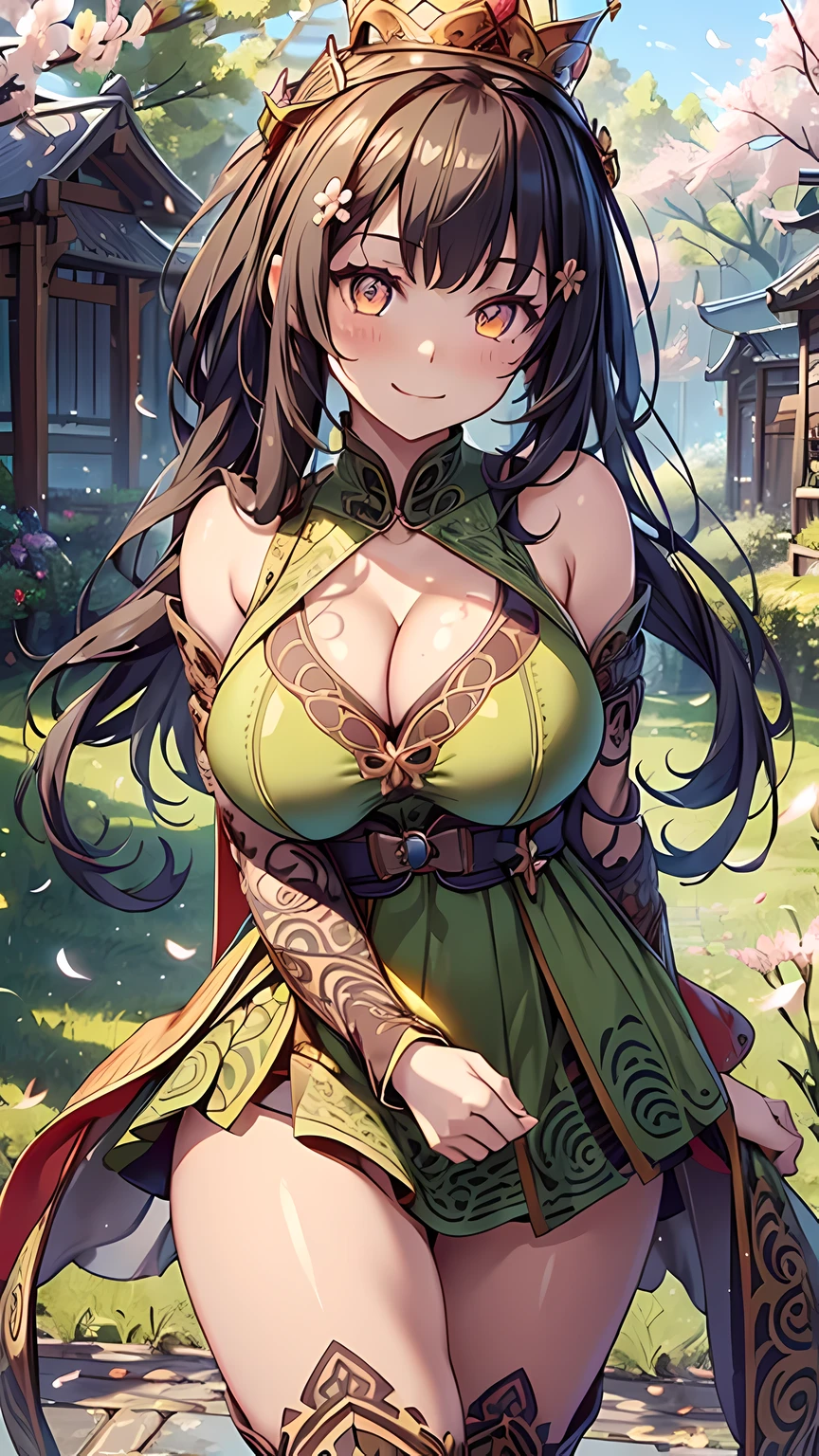 (masterpiece), best quality, expressive eyes, perfect face,(((1 girl))),yaoyaodef,((intricate queen dress:1.5)),(huge breasts:1.5),(hair flower),spring,meadow,dutch angle,(thighigh boots),light brown hair,cleavage,looking at viewer,smiles, eyeshadows, eye liner,glistening eyes, hyper detailed eyes, intricate eyes, beautiful eye, ((glowing amber pupils))、smilling face,standing,seductive pose,garterbelt,cherry blossoms,spring breeze,cowboy shot,spring background,(body focus)