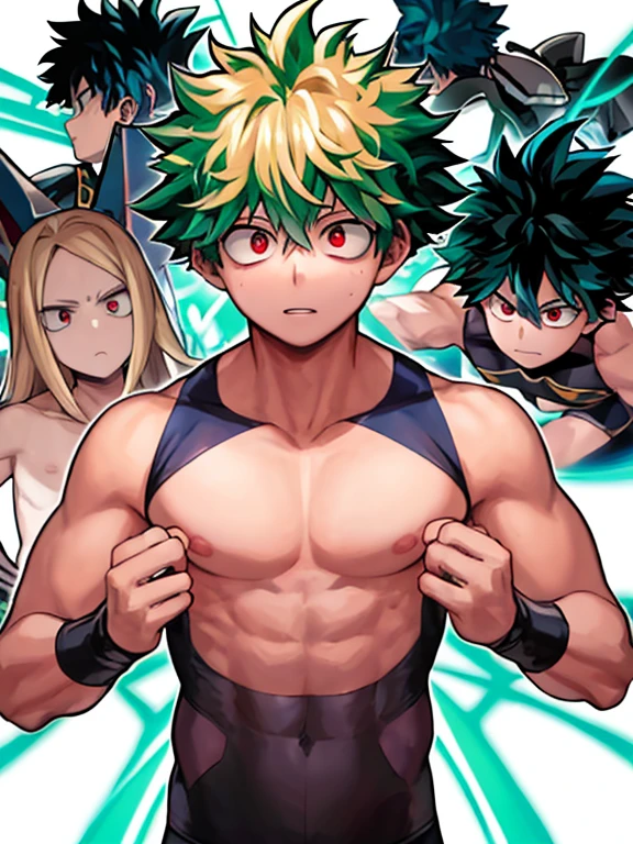 A high-resolution wallpaper for mobile phones featuring a captivating image of Manta's intense gaze. La obra de arte, creado por el talentoso u/animado_takumi, muestra el estilo magistral de Horikoshi Kouhei, el creador de la querida serie "Boku no Hero Academia." Manta, Also known as Izuku Midoriya., He is portrayed with his characteristic blonde hair and piercing red eyes.., Exuda un aura poderosa mientras usa una camiseta sin mangas negra que expone sus musculosos hombros desnudos.. The blurred background adds an air of mystery to the composition., while Manta's focused gaze, apartando la mirada del espectador, hints at the determination and resolve within him. Con sudor brillando en su frente y su boca ligeramente abierta.,