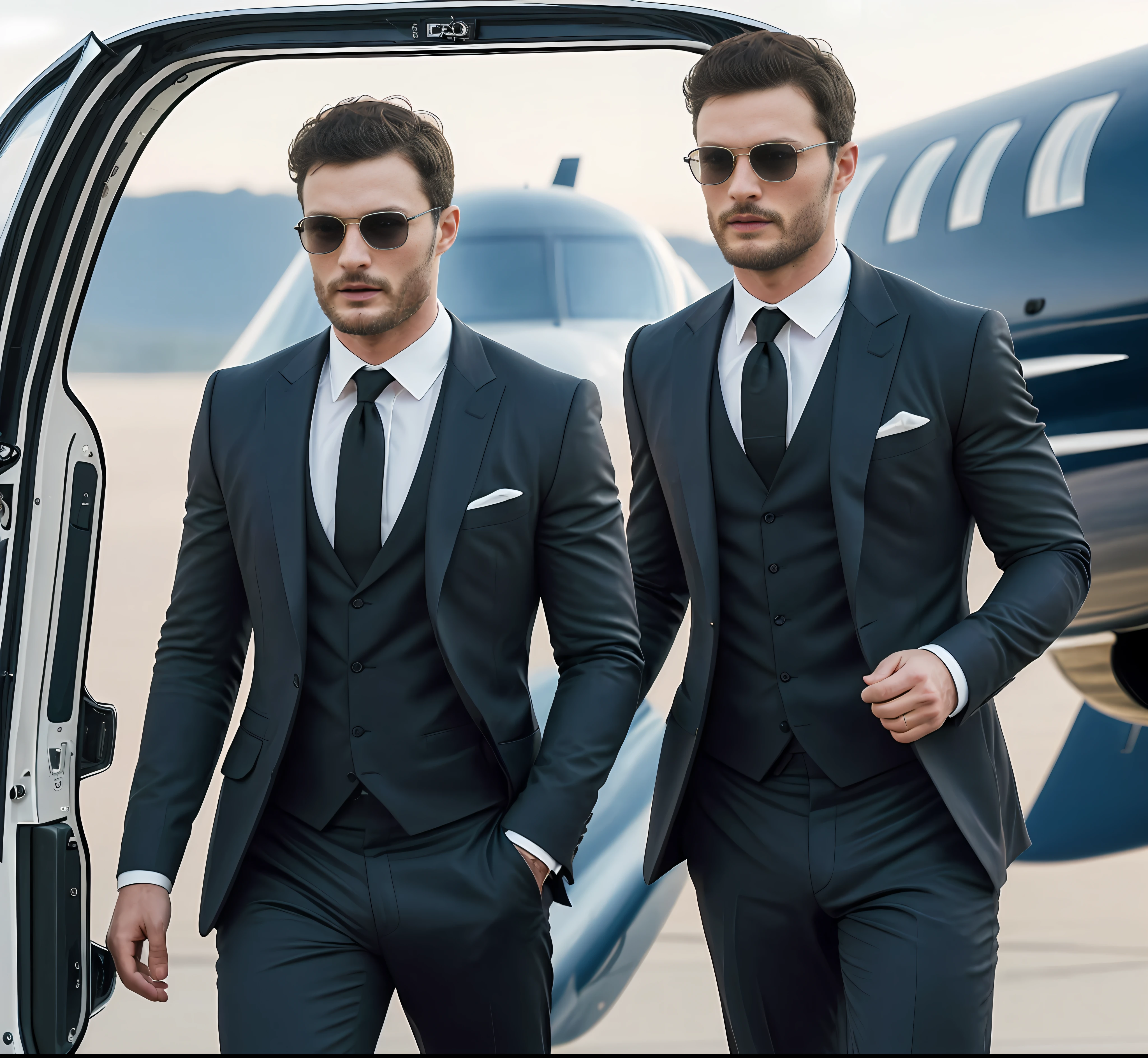 (Homem saindo do jato particular), vestindo terno, (Barba e atraente) Cena do filme, (Impeccable), with sunglasses, Serious and elegant man, O ator Jamie Dornan, com sobrancelhas masculinas grossas, agente secreto 007 estilo homem, (with a mysterious and serious face,) cabelo escuro curto, elegant and elegant, ajuste ao corpo e ajuste forte no terno, imagem de fundo de jato particular, Homem semelhante ao ator Jamie Dornan, ( imagem realista e de alta qualidade), ((Melhor qualidade, 8k, obra de arte).