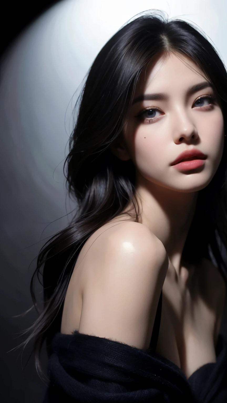 masterpiece, best quality, ultra-detailed, intricately detailed hyperdetailed, realistic, sharp features, highly detailed, sharp focus, perfect face, perfect face, perfect symmetrically perfect eyes, perfect full lips, flexible female form, cinematic, film light, hyper detailed, hyper realistic, masterpiece, atmospheric, high resolution, vibrant, dynamic studio lighting, nsfw, ((Dark background)), Sexy face, Facial expressions when receiving pleasure, straight Bangs, Big breasts, Exposed cleavage, blue Eyes,black sweater, ((cowboy shot, mole under eyes,))