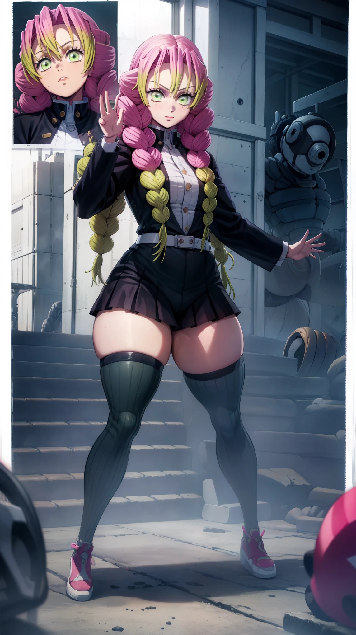 Mitsuri kanroji full body medium thick Stan up pose,masterpiece, best quality, extremely detailed, (8K, 4K, Best Quality, hight resolution, 超A high resolution:1.1) Android ,Plump , announcer,control panels,activate,Squat,android,droid,Mechanical Hand,Robot arms and legs, Black Robot Parts,black hair,darkblack knee high socks,black sponge joints,blunt bangs,white robot body,ceramic body,jockey boots,perfect cyborg girl,