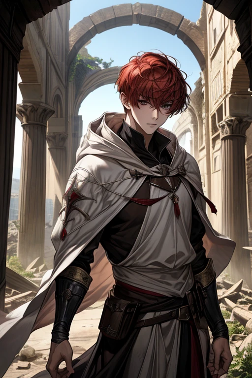 male, red short hair with bangs, black eyes, adult face, adult, white hood and shroud, handsome, medieval fantasy, ruins, sorcerer